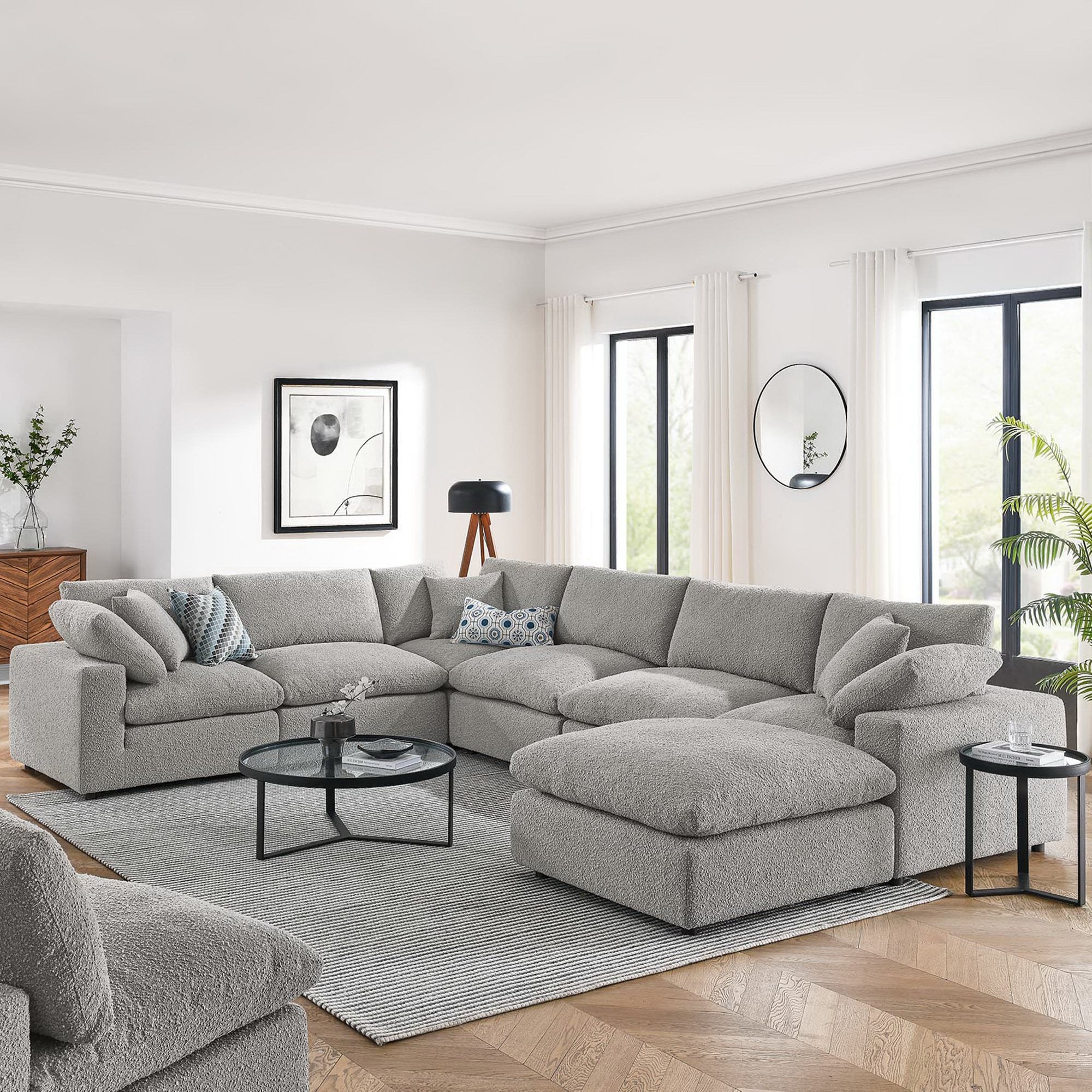 Commix 7-Piece Down Filled Overstuffed Boucle Sectional Sofa, Light Gray