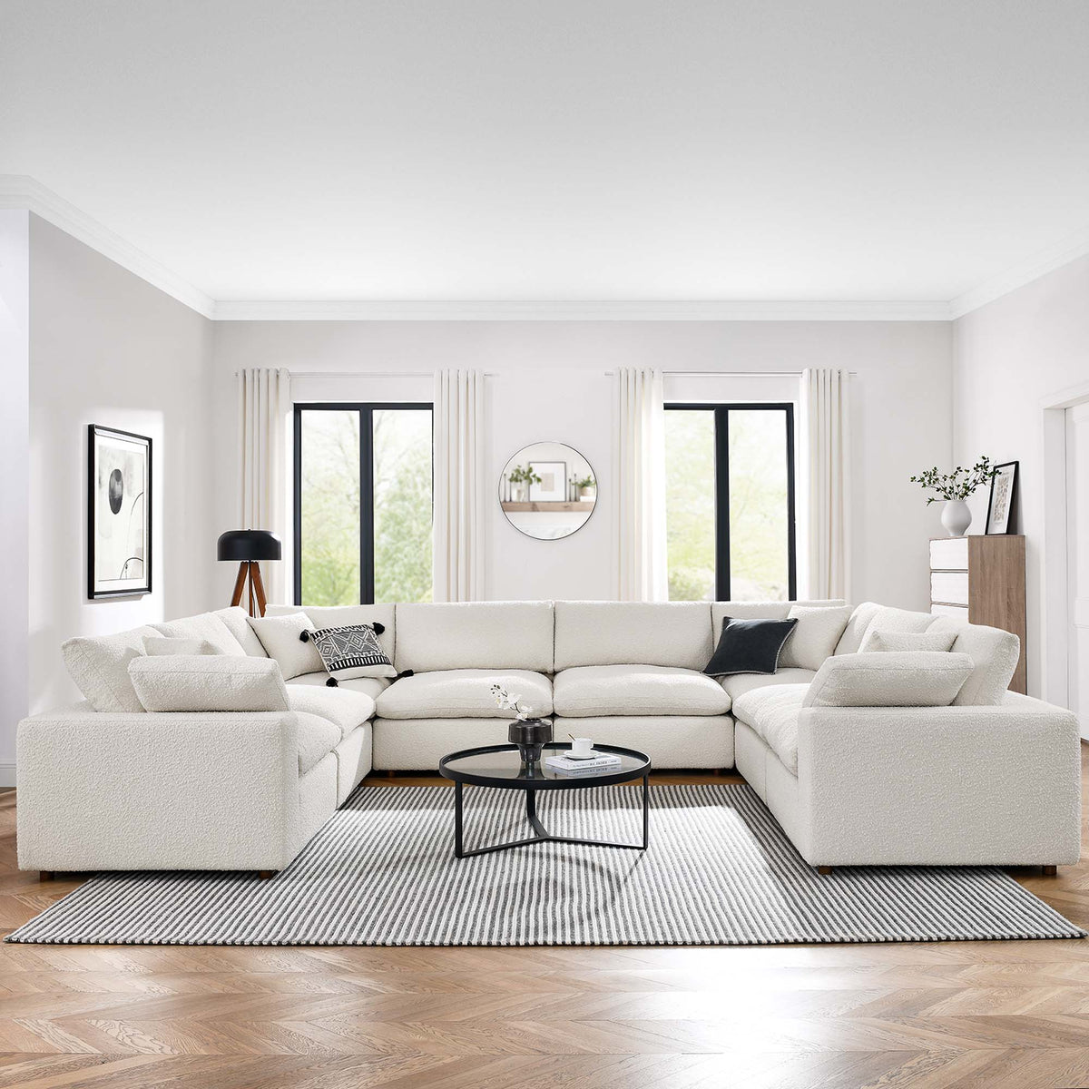Commix 8-Piece Down Filled Overstuffed Boucle Fabric Sectional Sofa, Ivory