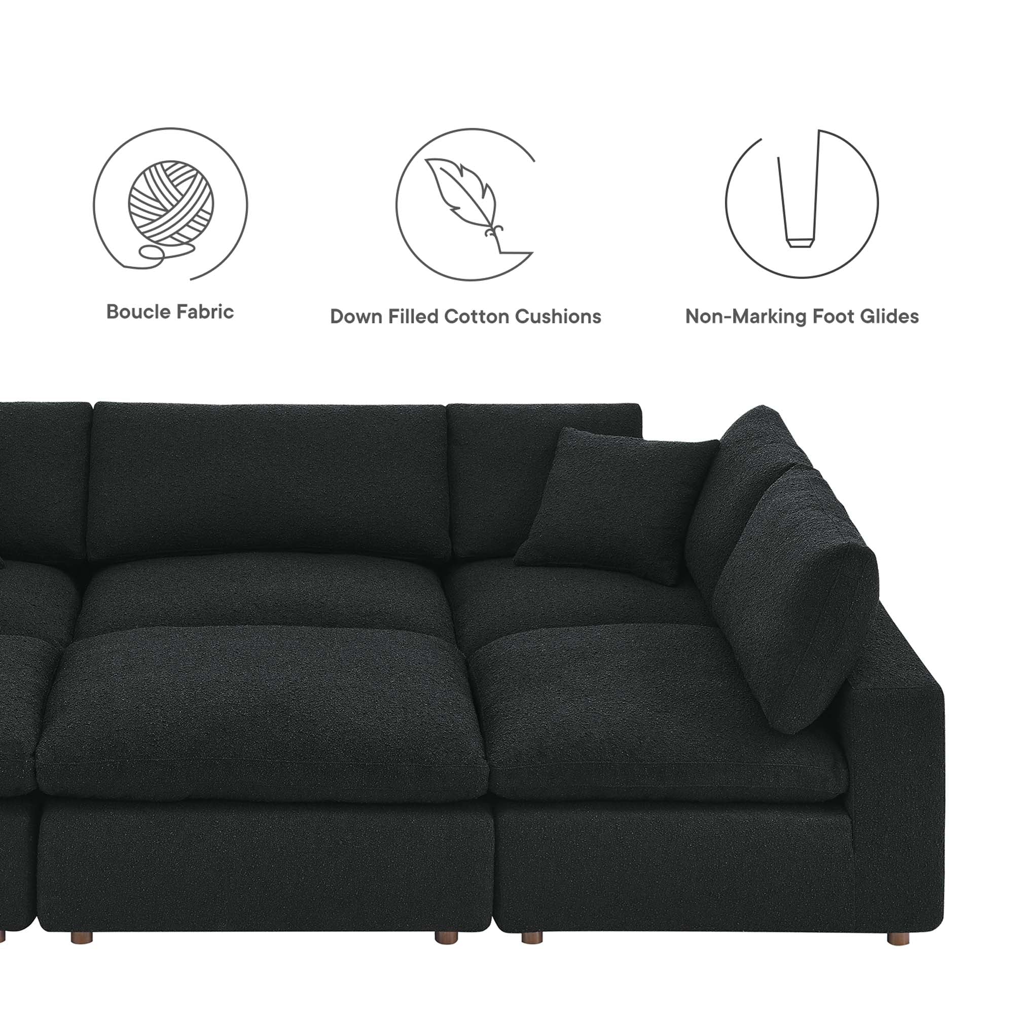 Commix 6-Piece Down Filled Overstuffed Boucle Fabric Sectional Sofa, Black