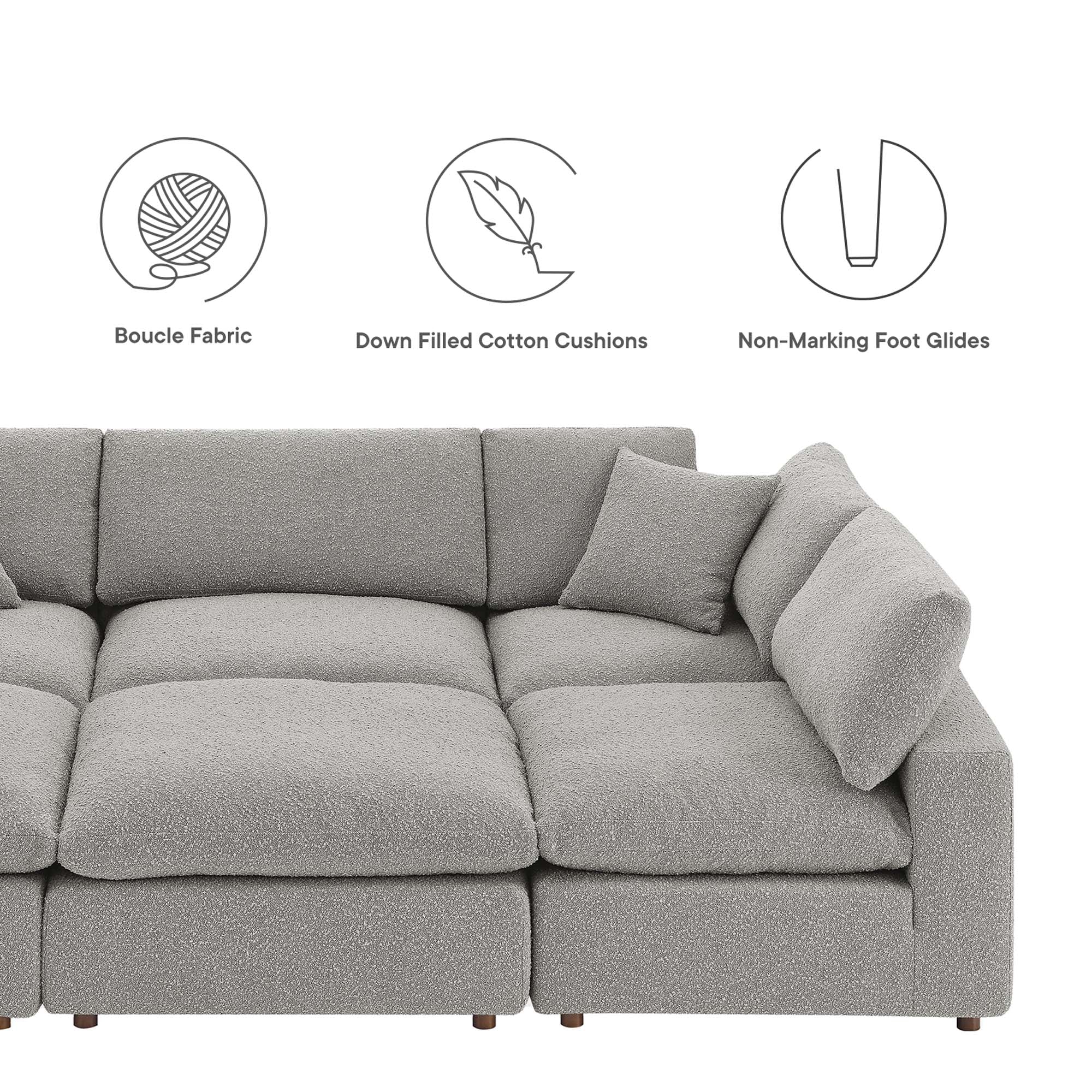 Commix 6-Piece Down Filled Overstuffed Boucle Fabric Sectional Sofa, Light Gray