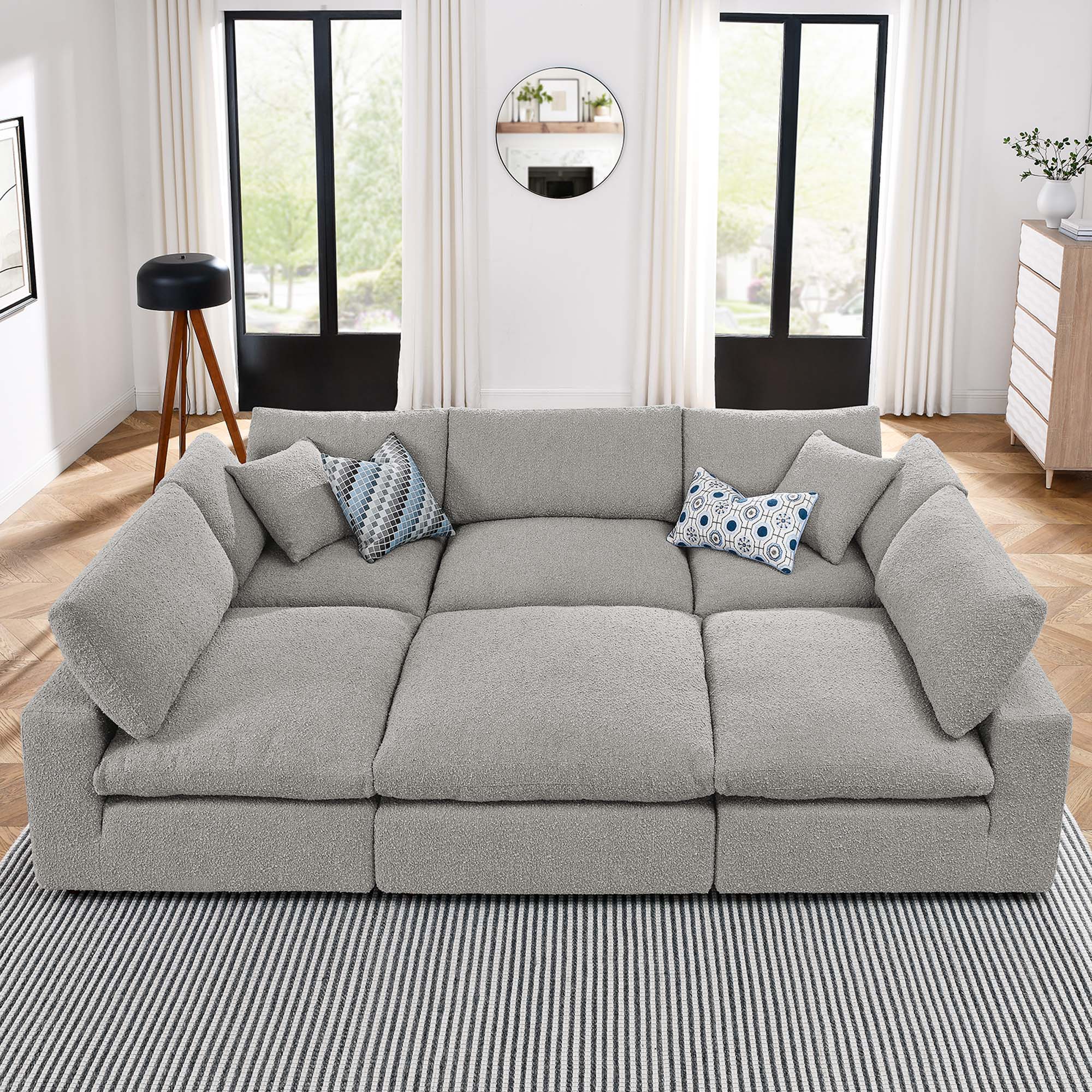 Commix 6-Piece Down Filled Overstuffed Boucle Fabric Sectional Sofa, Light Gray