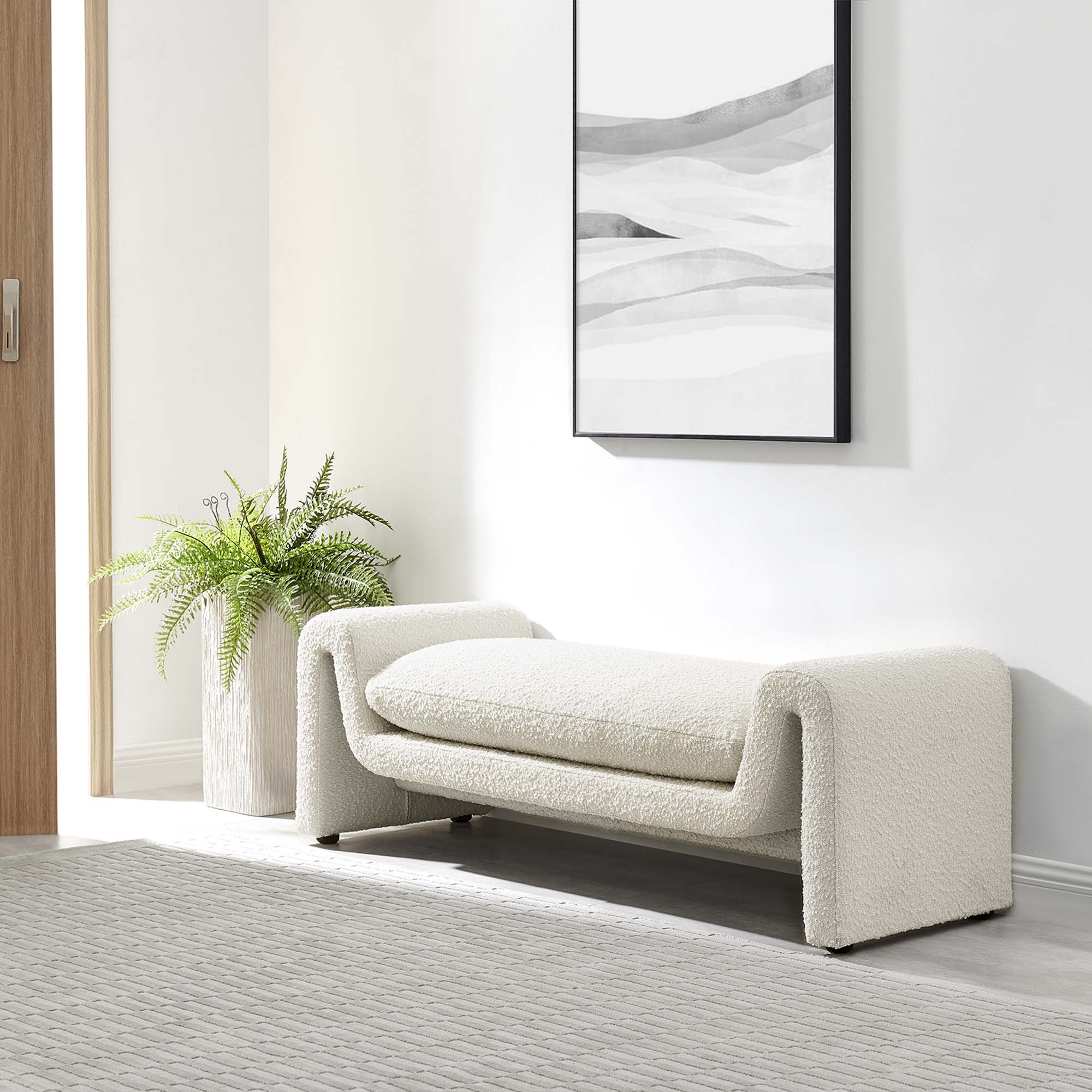 Waverly Boucle Fabric Bench, Ivory