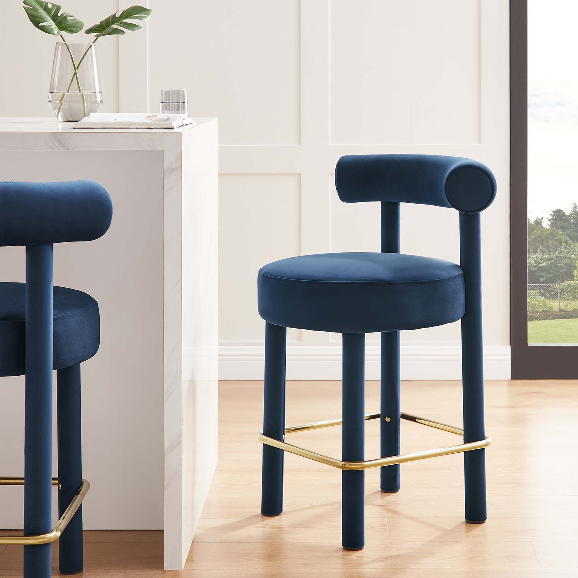 Toulouse Performance Velvet Counter Stool, Midnight Blue Gold
