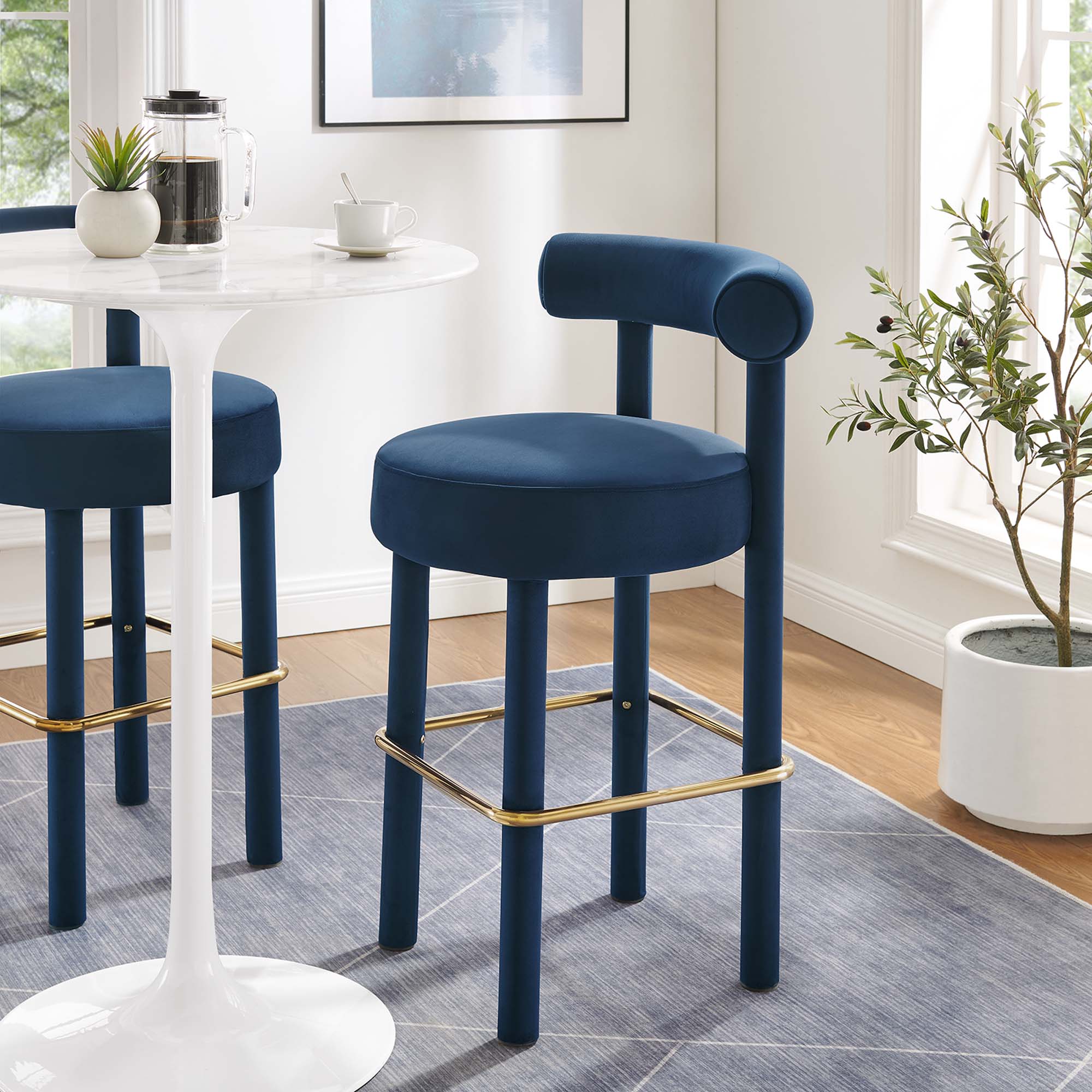 Toulouse Performance Velvet Bar Stool, Midnight Blue Gold