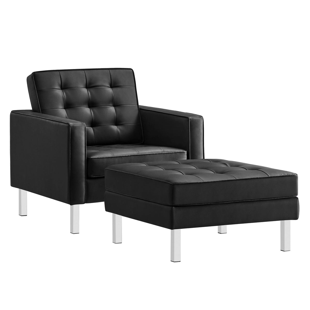 Loft Tufted Vegan Leather Armchair and Ottoman Set, Silver Black