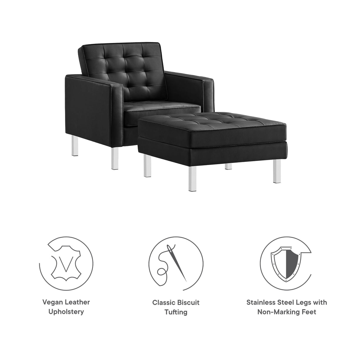 Loft Tufted Vegan Leather Armchair and Ottoman Set, Silver Black