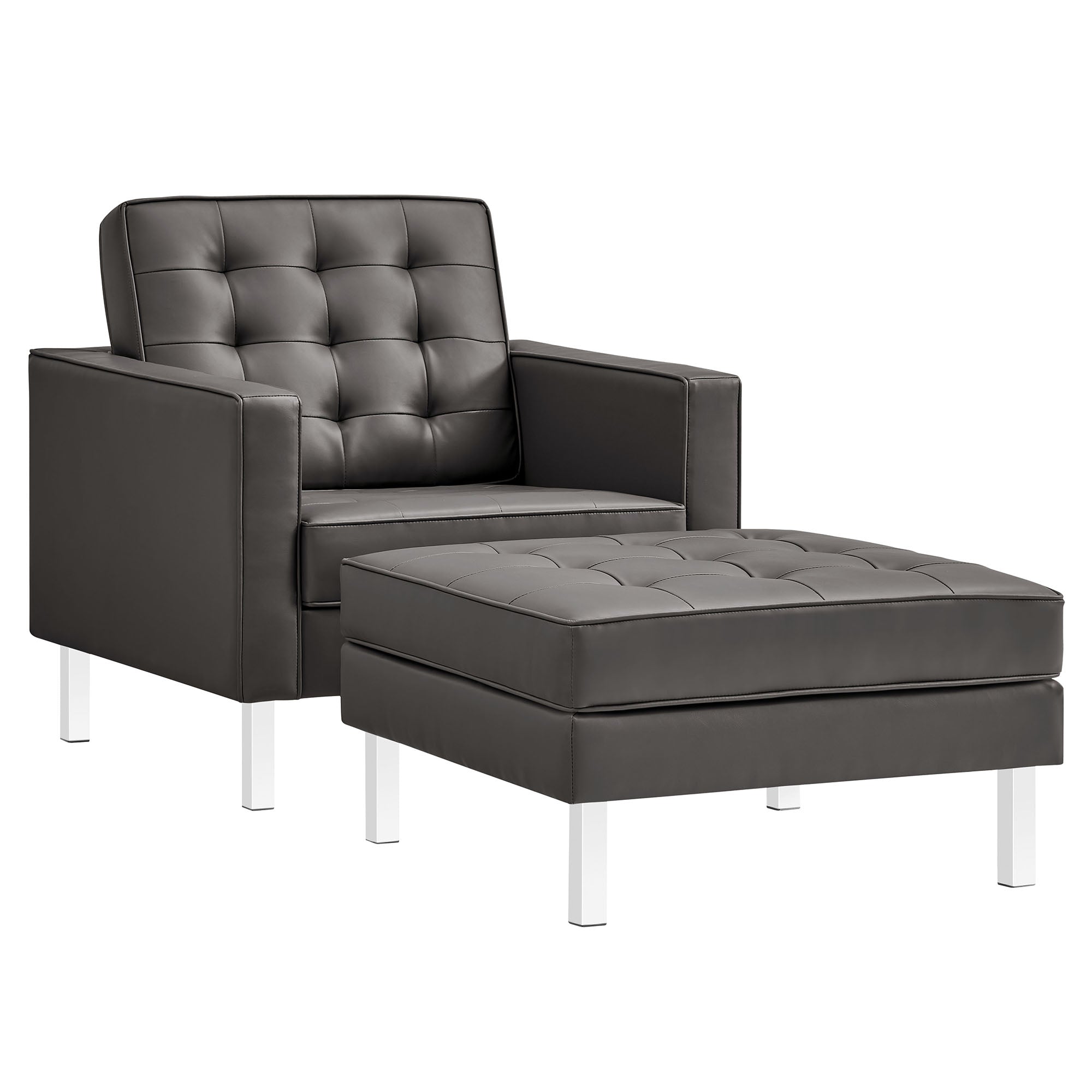 Loft Tufted Vegan Leather Armchair and Ottoman Set, Silver Gray