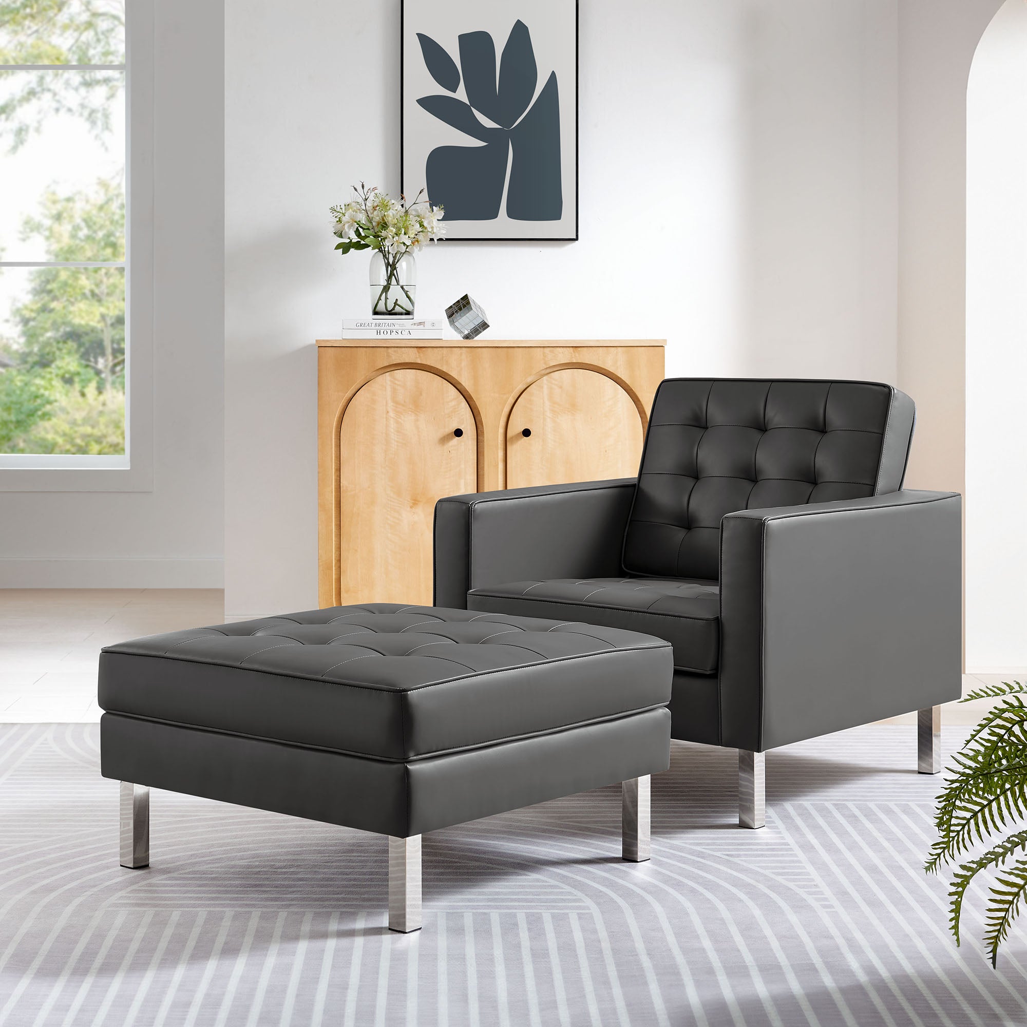 Loft Tufted Vegan Leather Armchair and Ottoman Set, Silver Gray