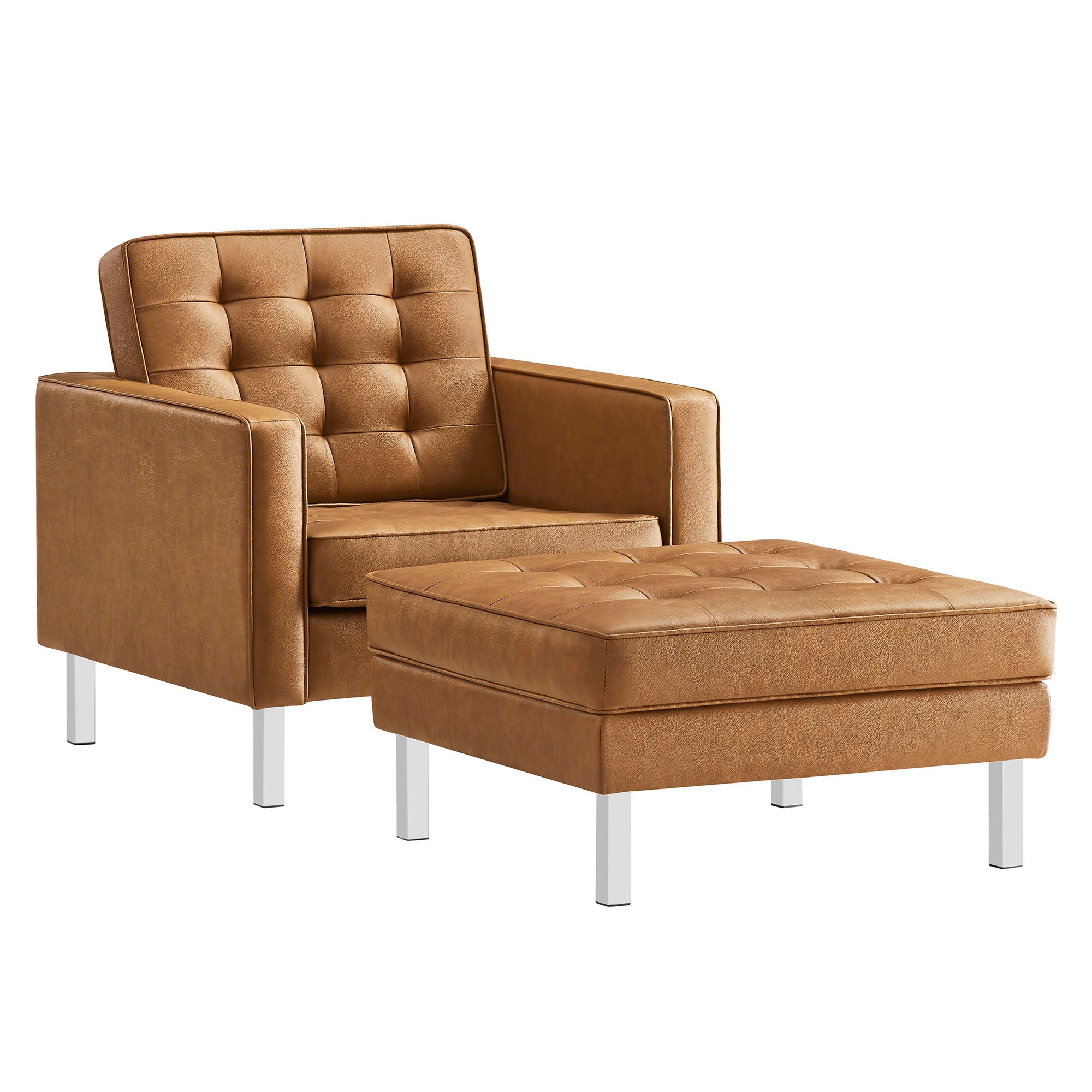 Loft Tufted Vegan Leather Armchair and Ottoman Set, Silver Tan