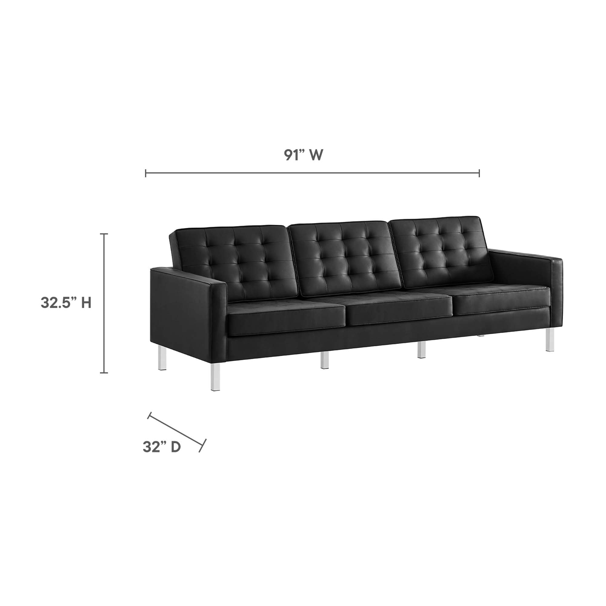 Loft Tufted Vegan Leather Sofa and Ottoman Set, Silver Black