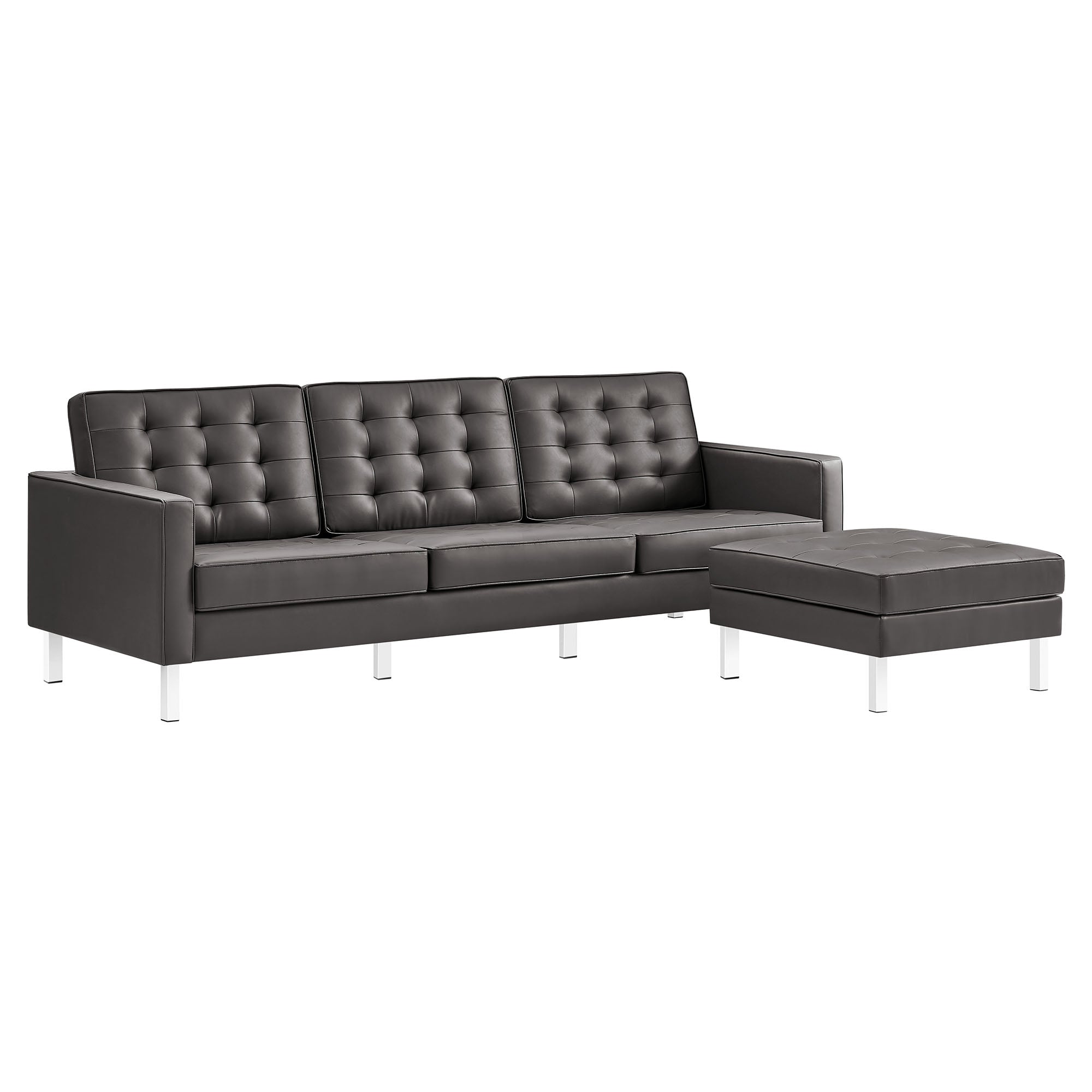 Loft Tufted Vegan Leather Sofa and Ottoman Set, Silver Gray