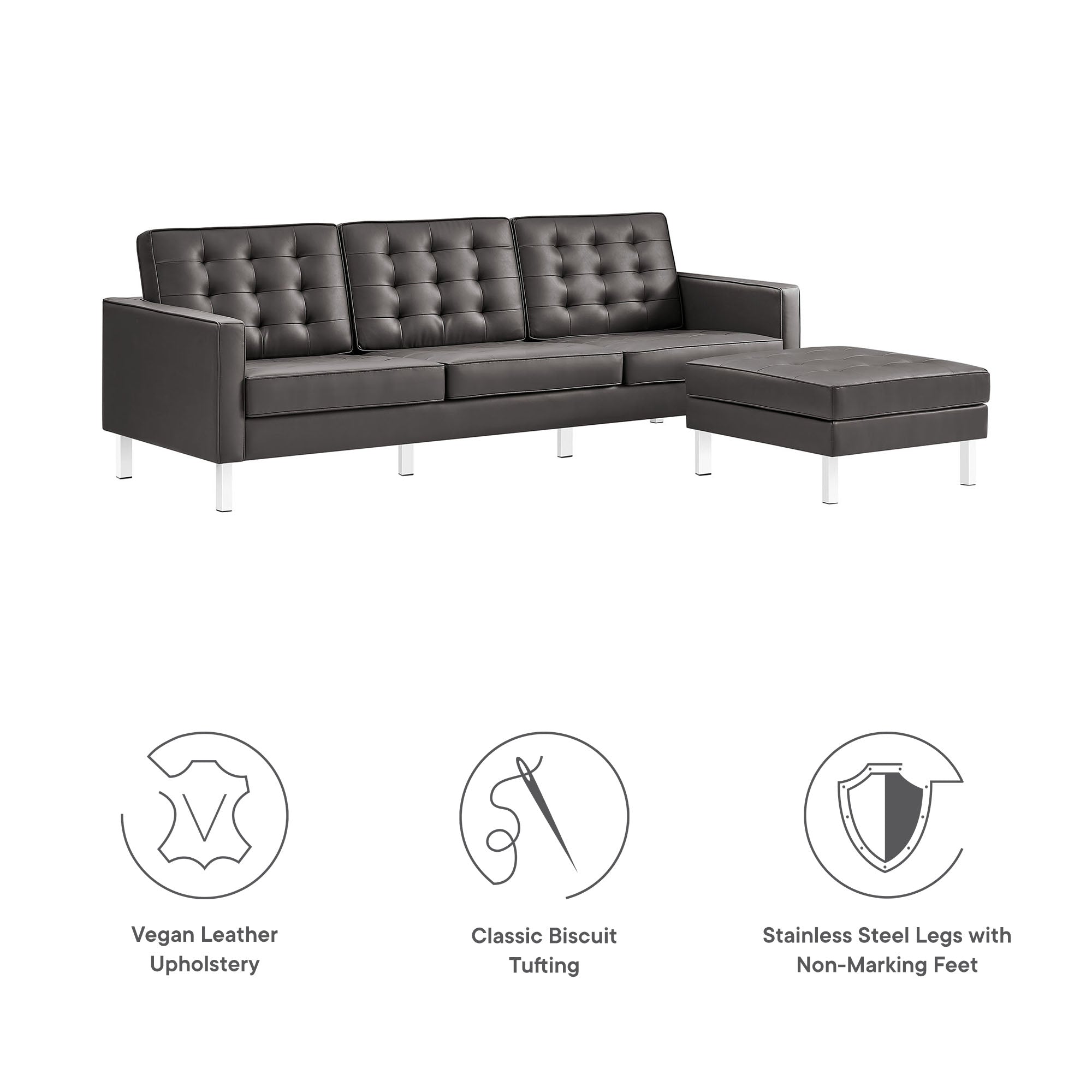 Loft Tufted Vegan Leather Sofa and Ottoman Set, Silver Gray