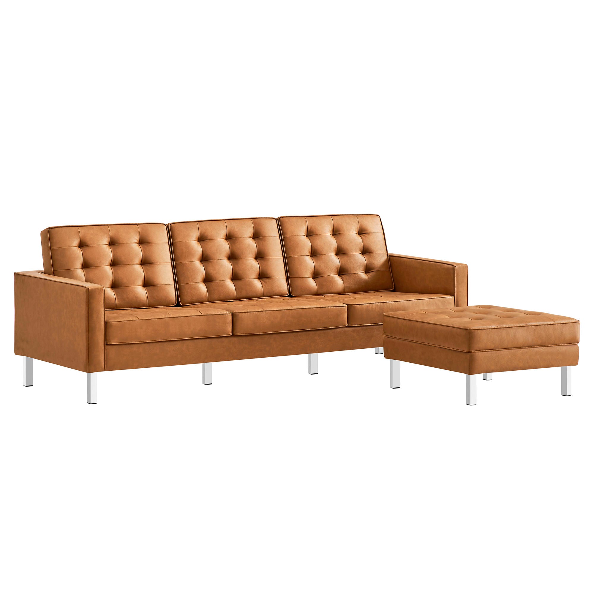 Loft Tufted Vegan Leather Sofa and Ottoman Set, Silver Tan