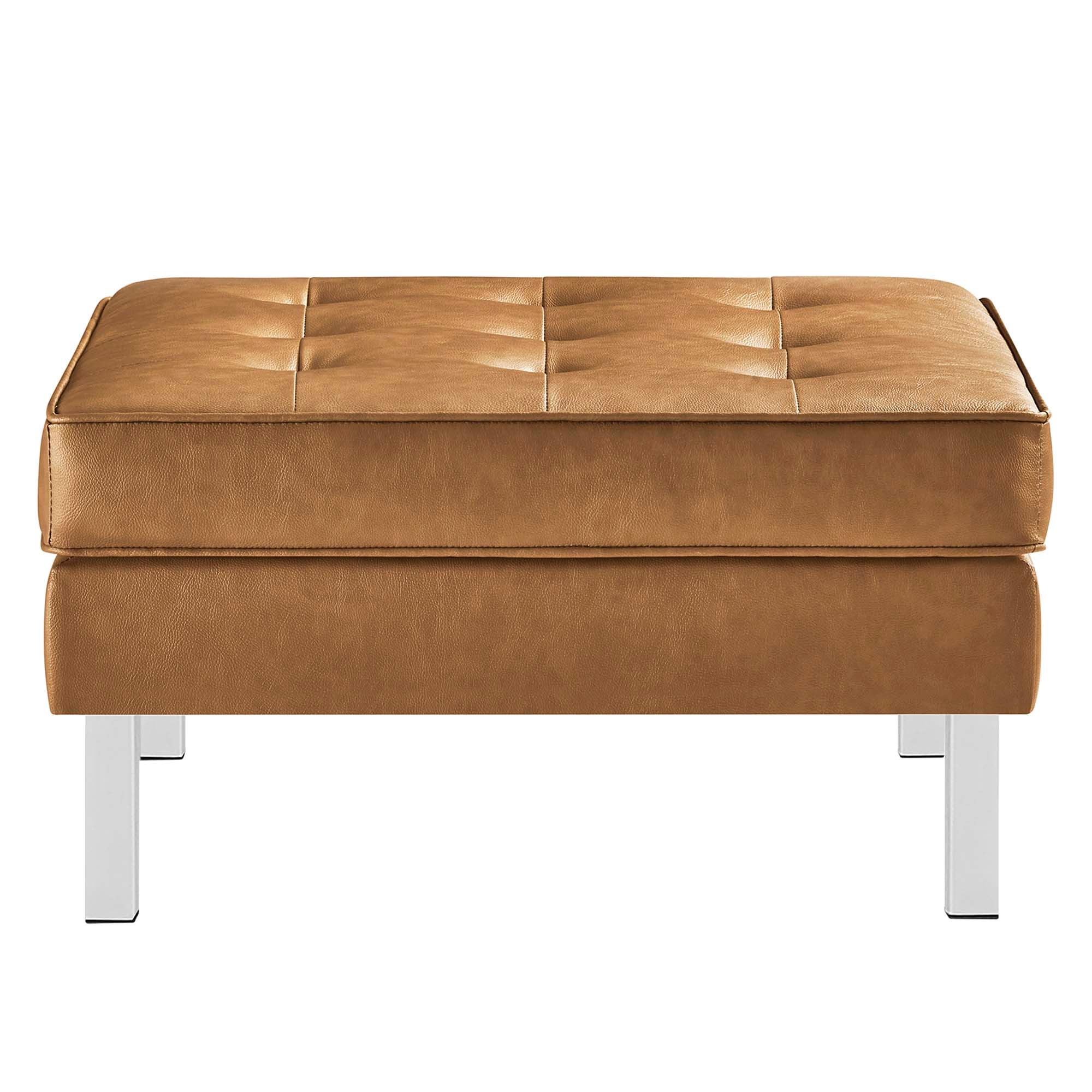 Loft Tufted Vegan Leather Sofa and Ottoman Set, Silver Tan
