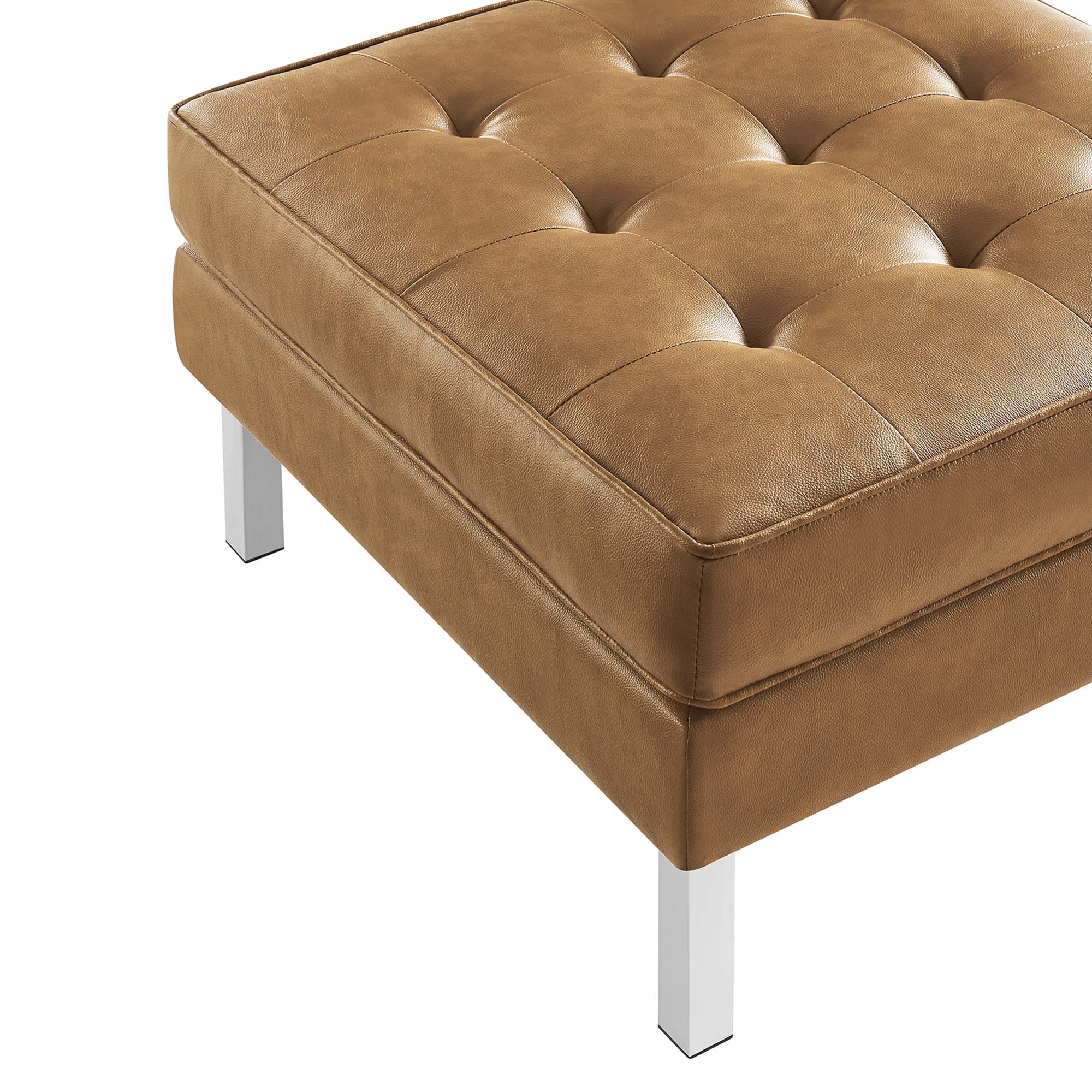 Loft Tufted Vegan Leather Sofa and Ottoman Set, Silver Tan