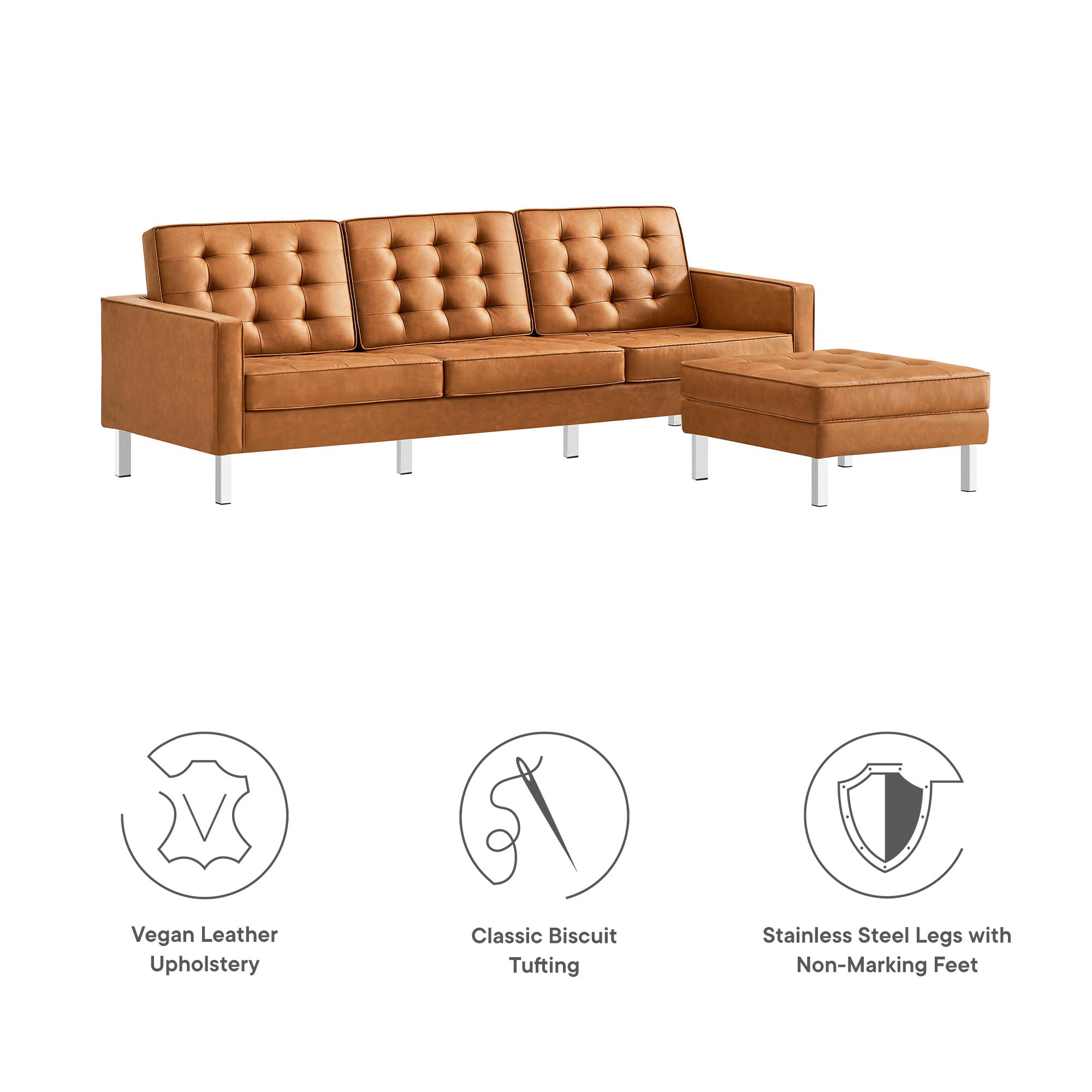 Loft Tufted Vegan Leather Sofa and Ottoman Set, Silver Tan