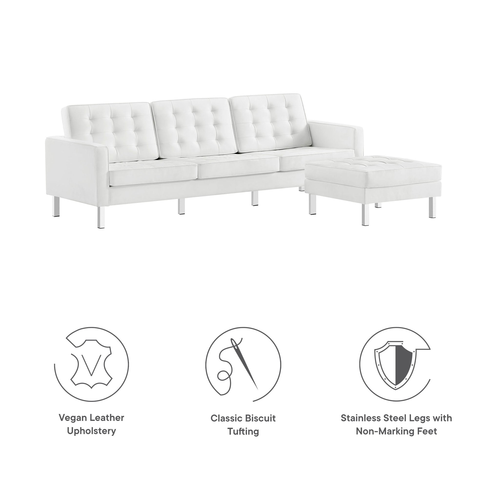 Loft Tufted Vegan Leather Sofa and Ottoman Set, Silver White