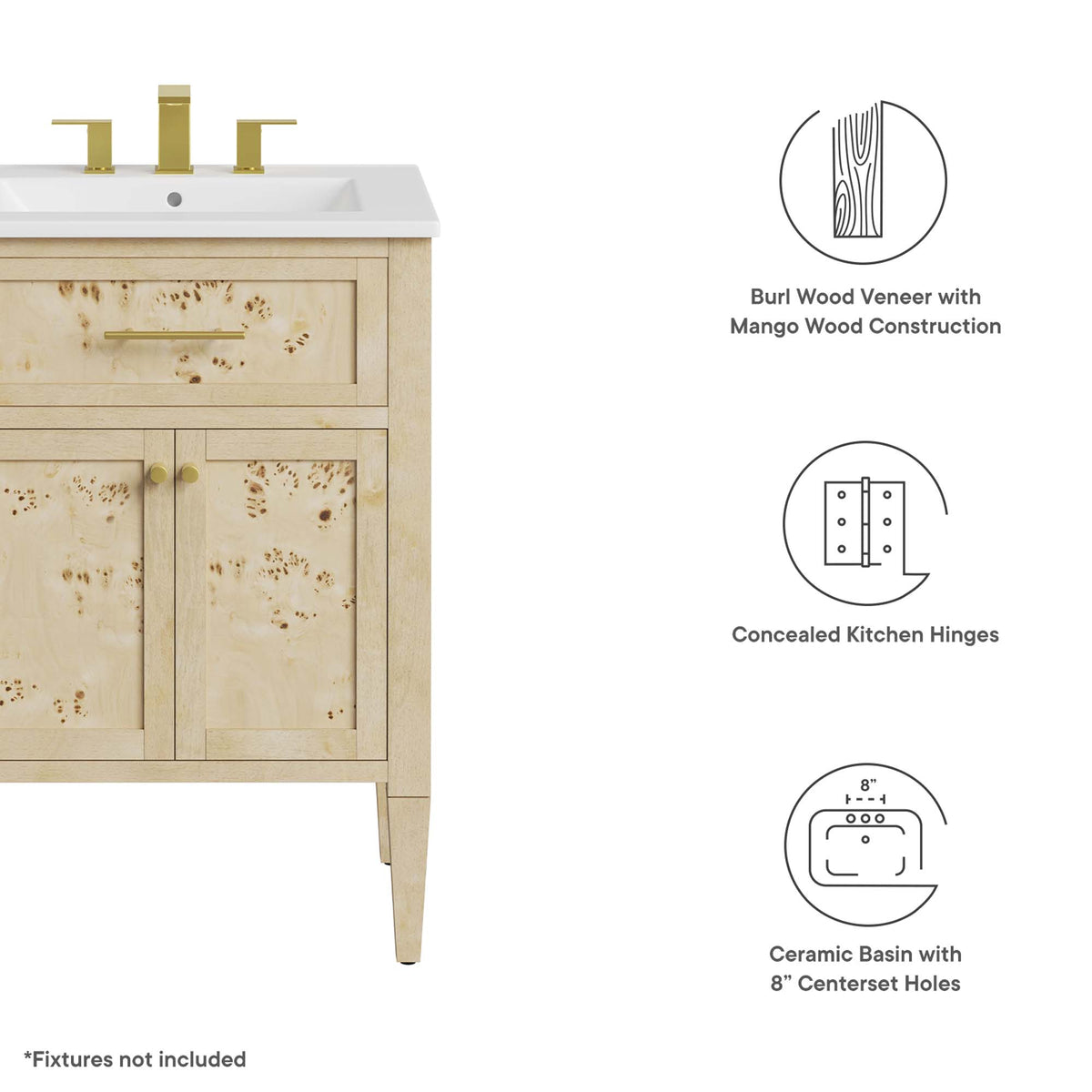 Elysian 24" Wood Bathroom Vanity, White Burl