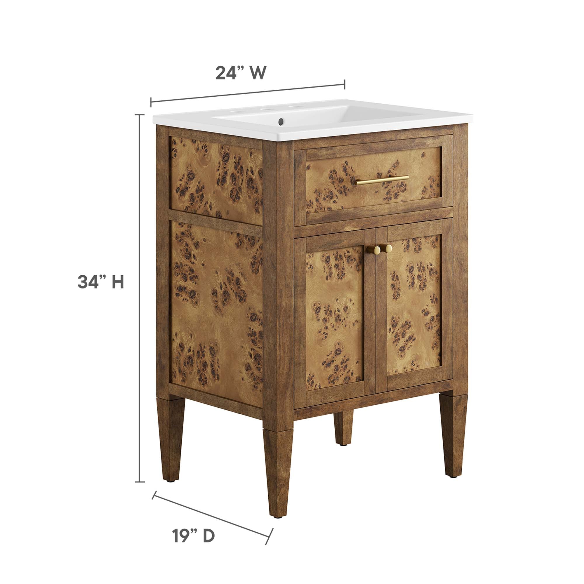 Elysian 24" Wood Bathroom Vanity, White Brown