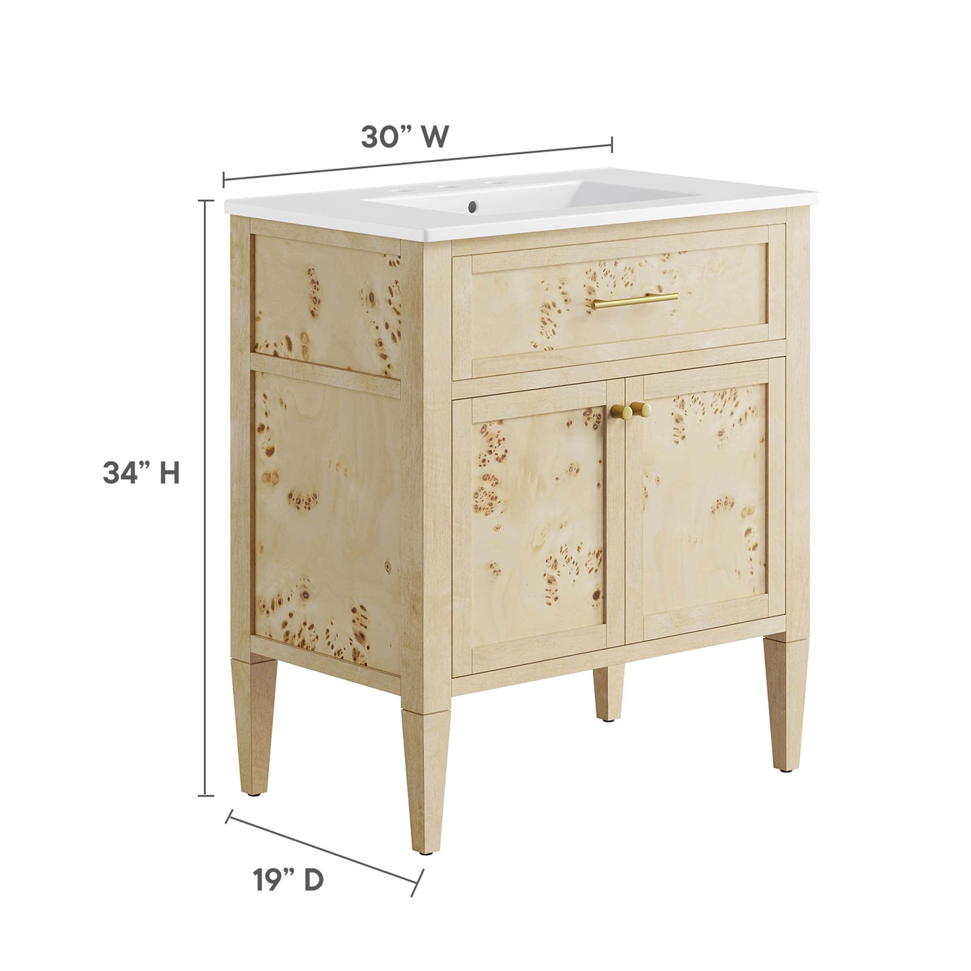 Elysian 30" Wood Bathroom Vanity, White Burl