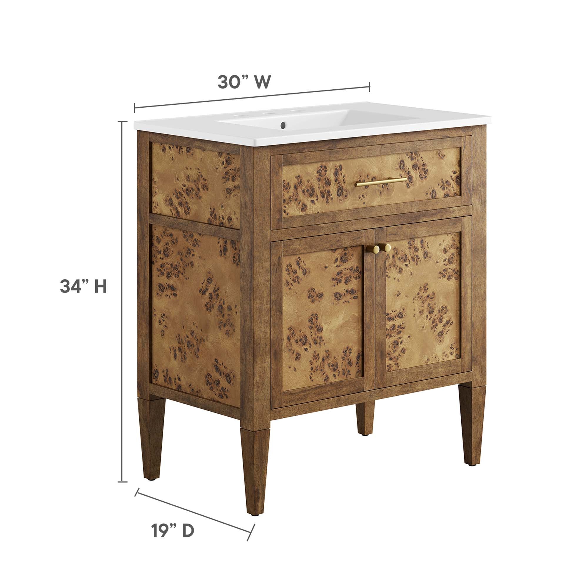 Elysian 30" Wood Bathroom Vanity, White Brown