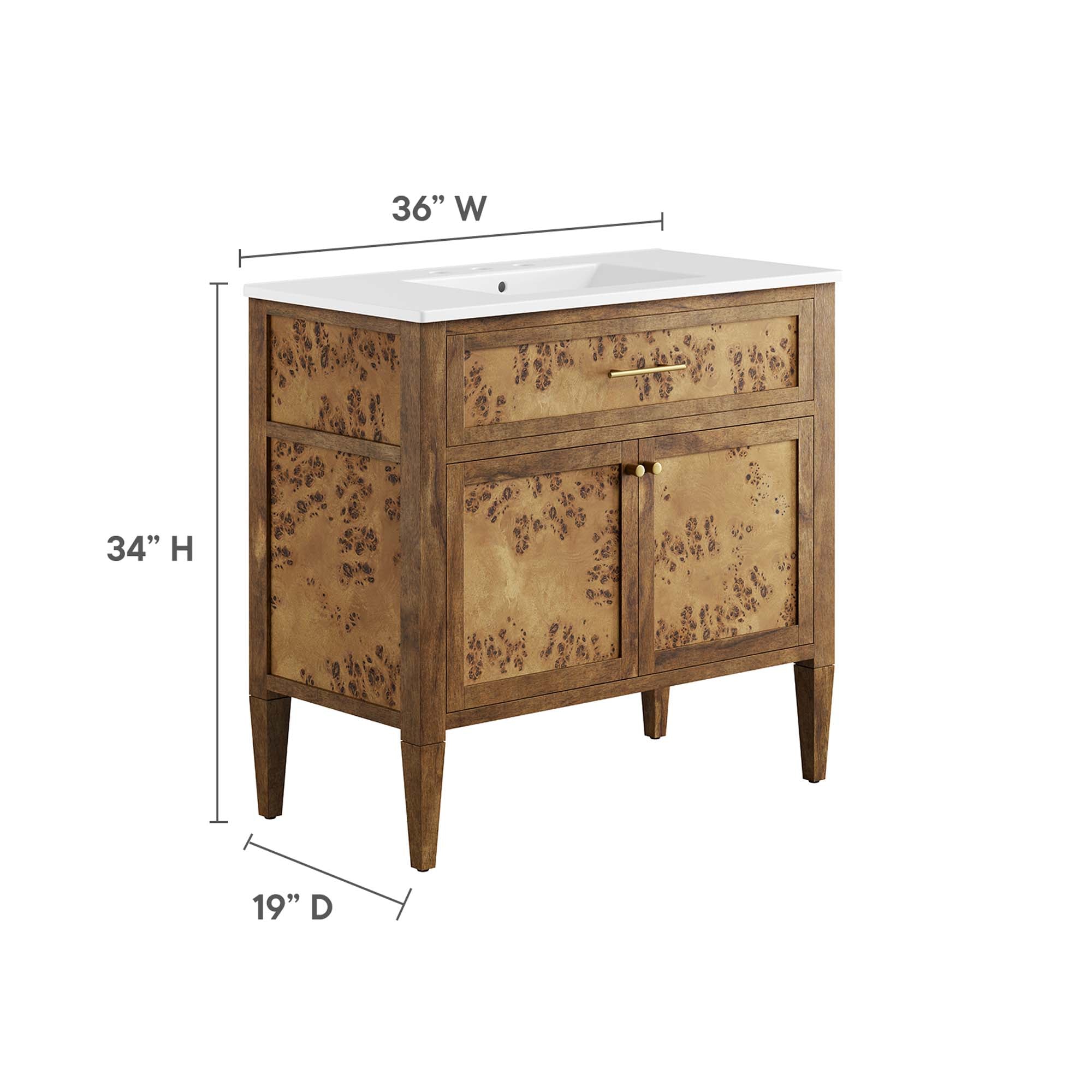 Elysian 36" Wood Bathroom Vanity, White Brown
