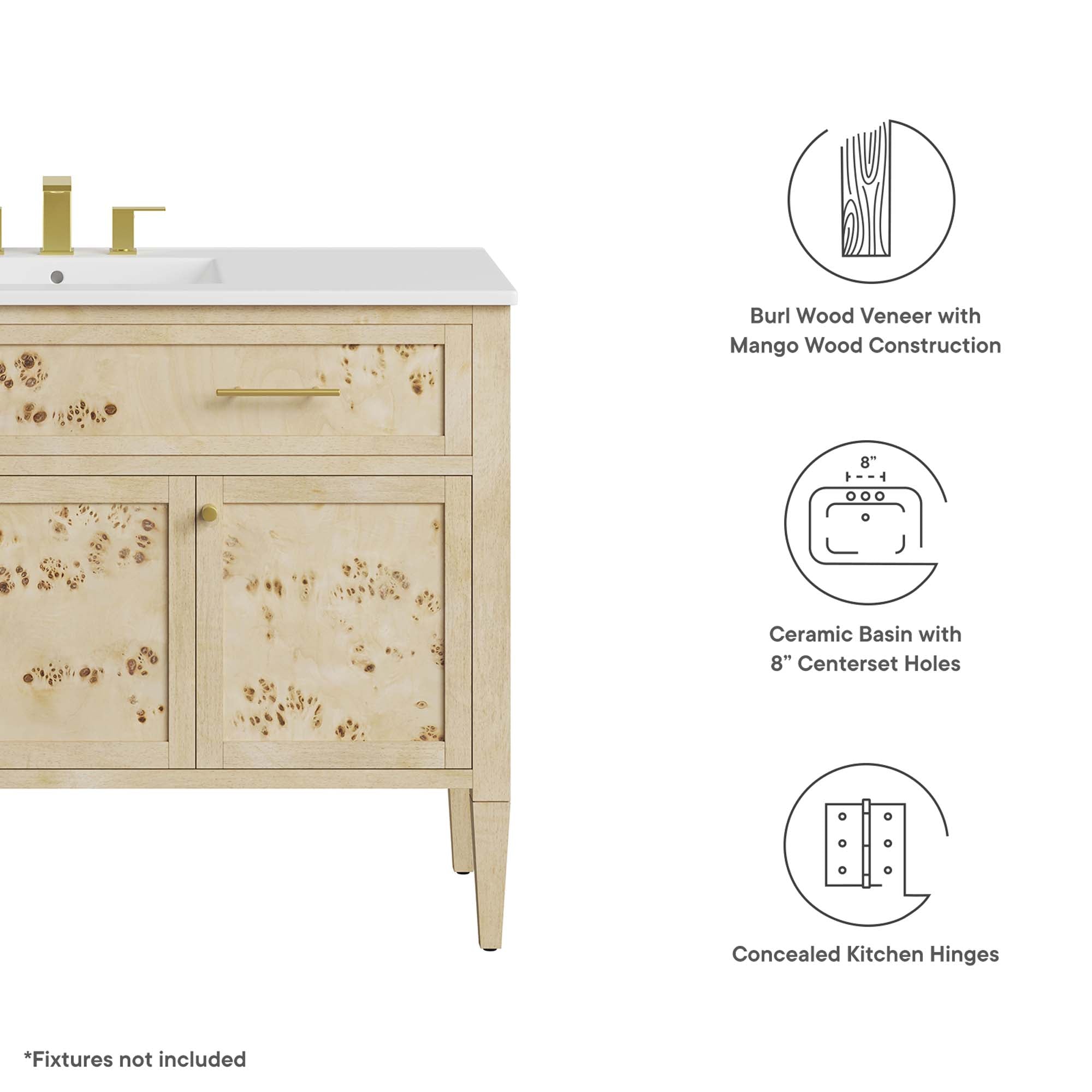 Elysian 48" Wood Single Sink Bathroom Vanity, White Burl