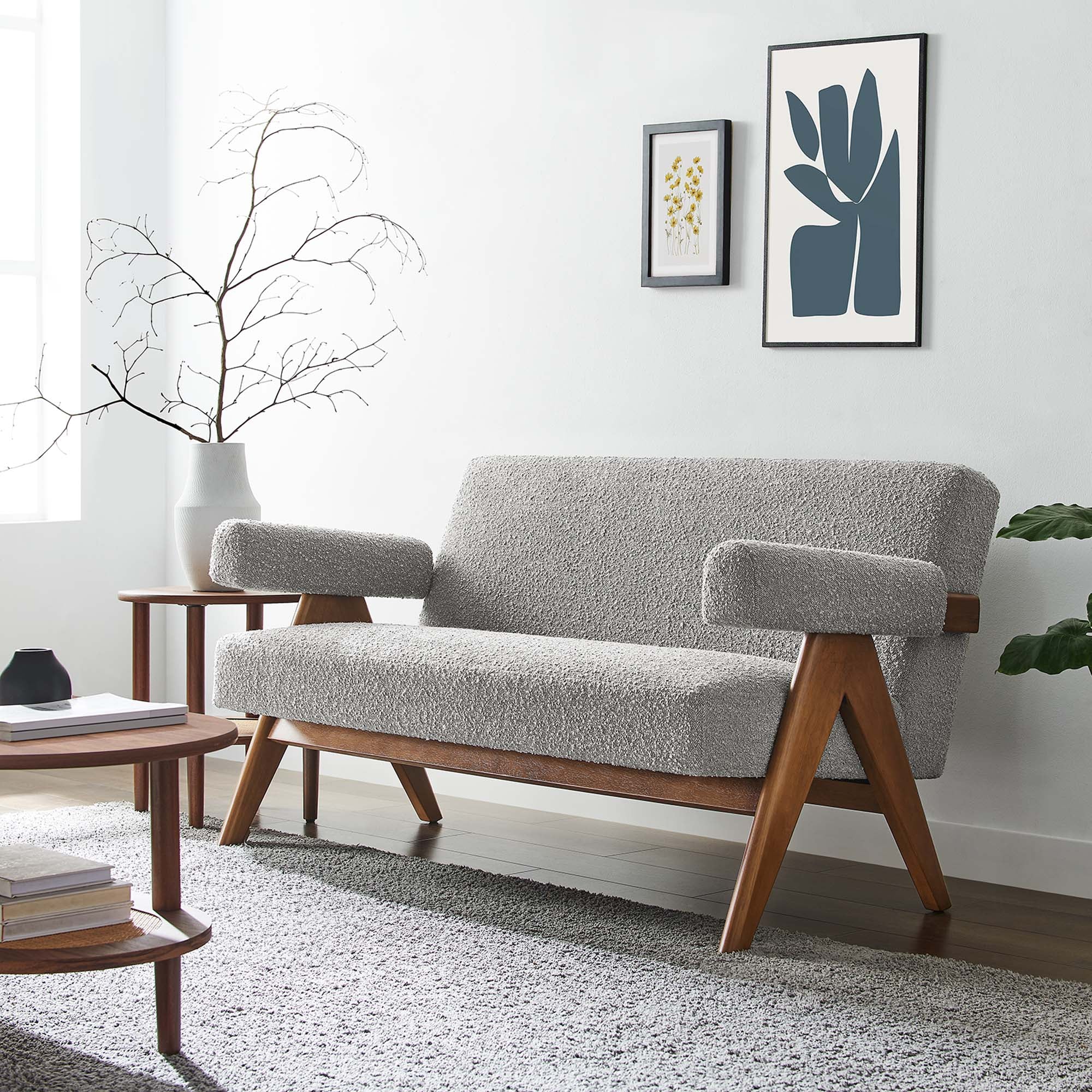 Lyra Boucle Fabric Loveseat, Light Gray