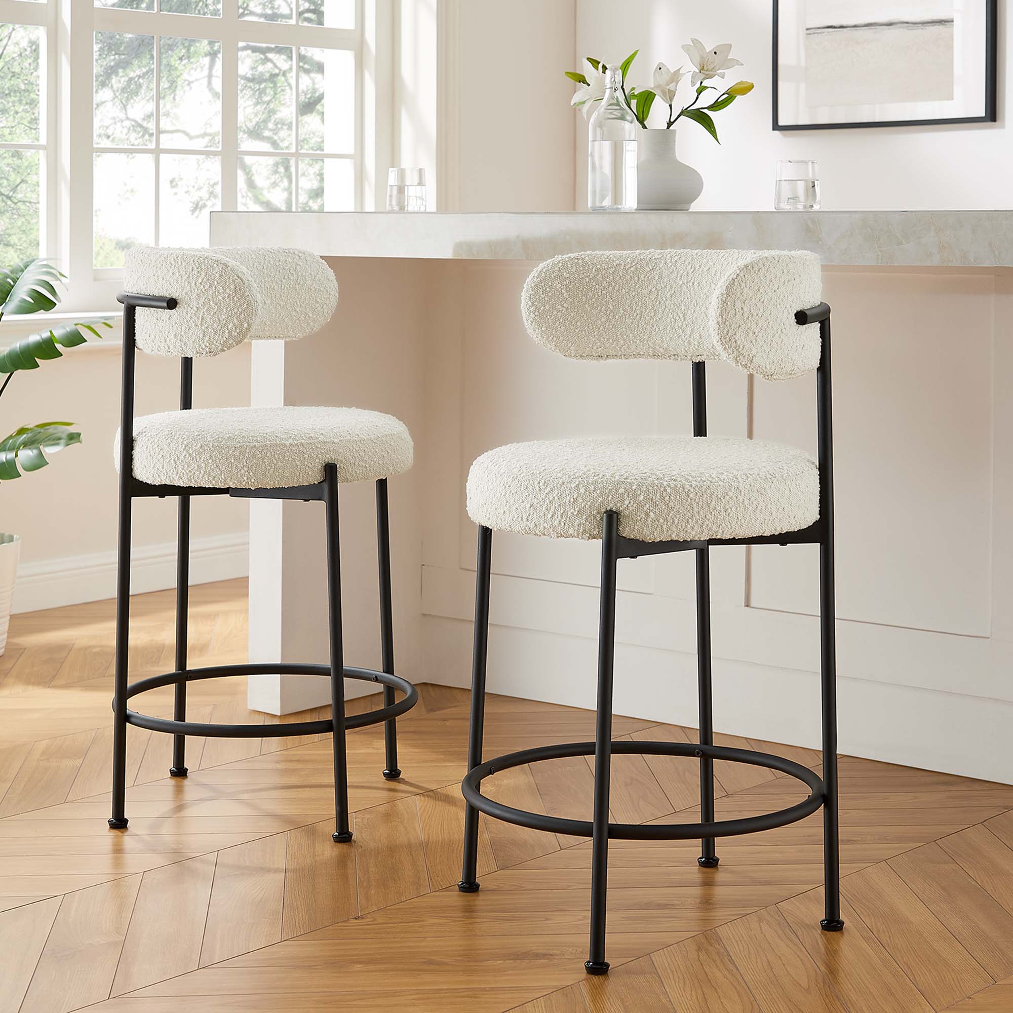 Albie Boucle Fabric Counter Stools Set of 2, Ivory Black