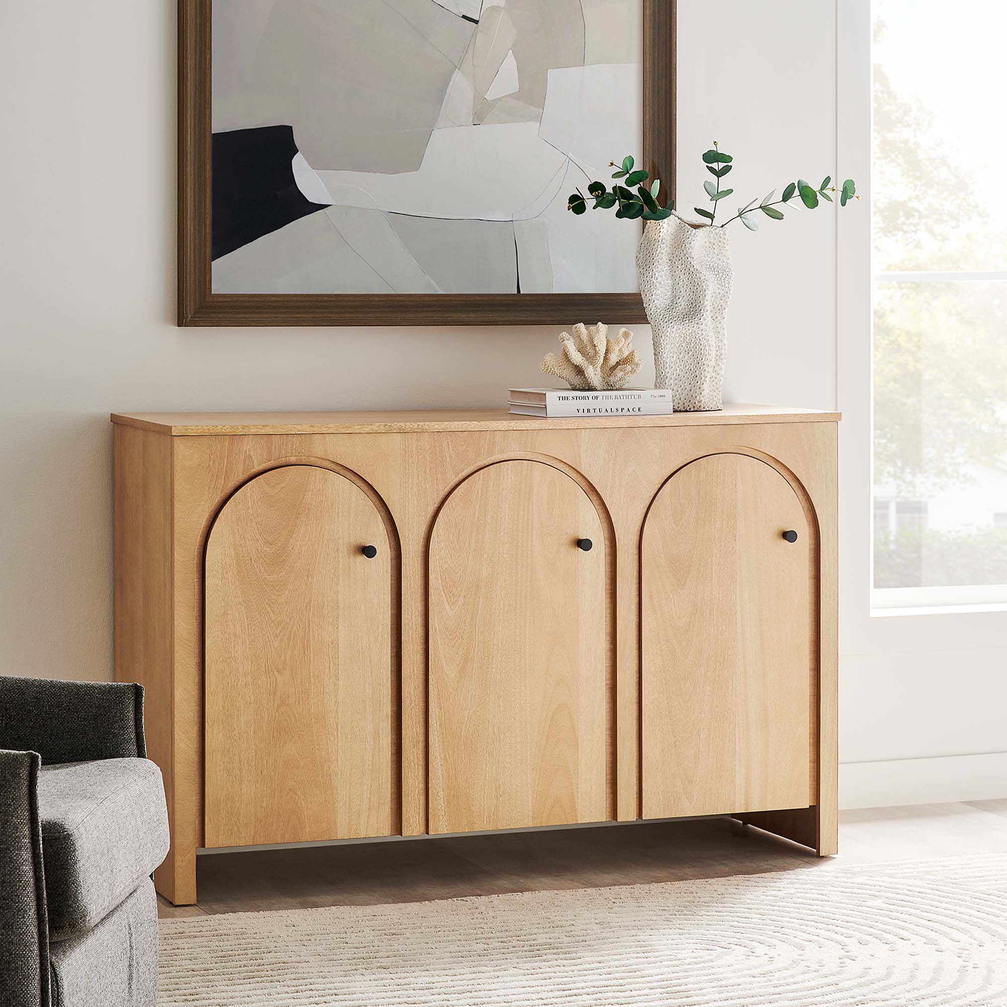 Appia 3-Door Arched Door Sideboard Storage Cabinet, Oak