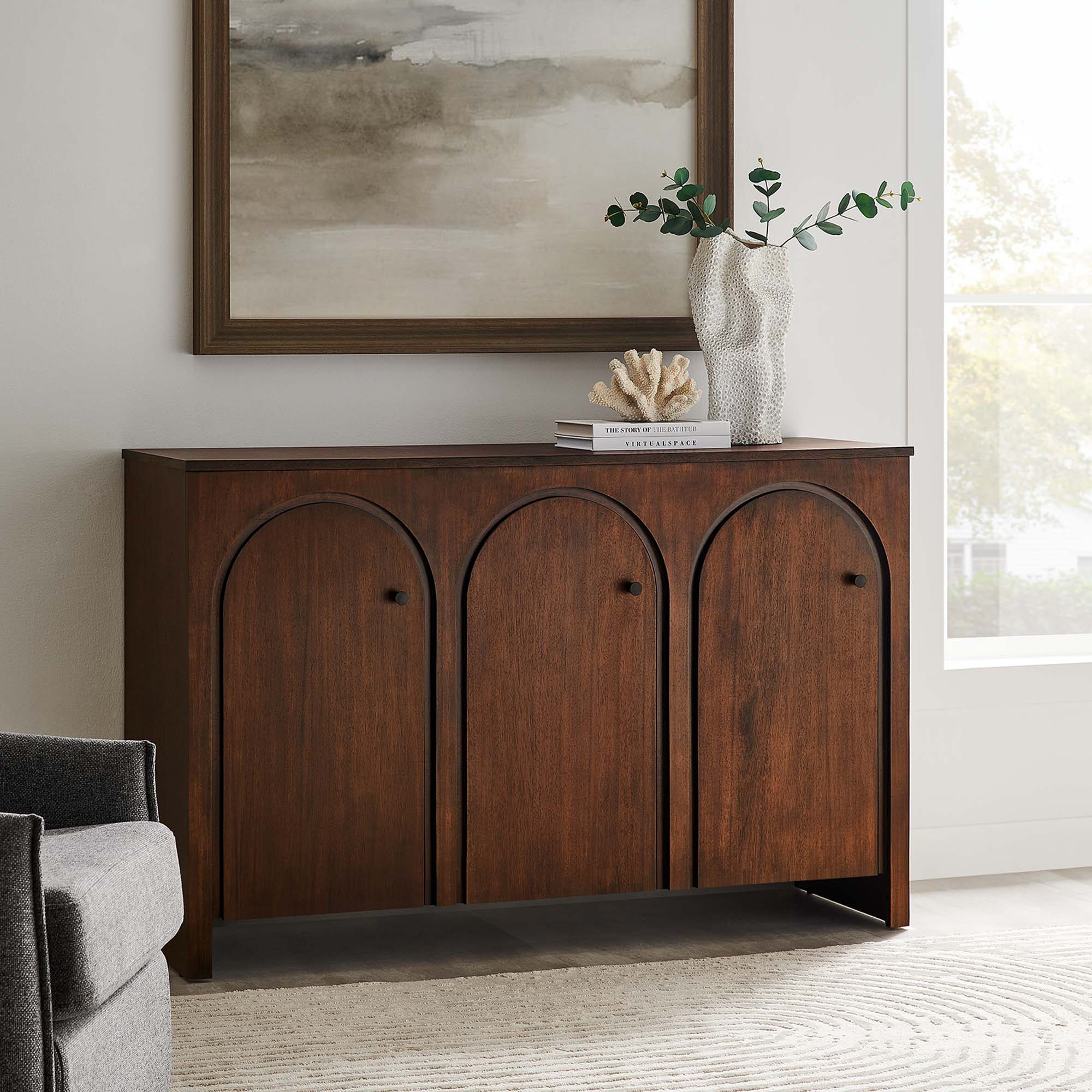 Appia 3-Door Arched Door Sideboard Storage Cabinet, Walnut
