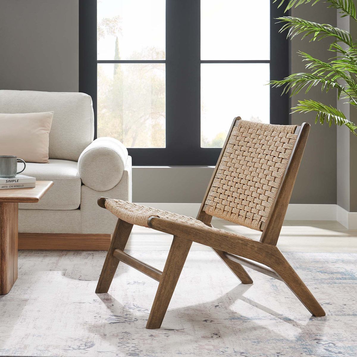 Saoirse Woven Rope Wood Accent Lounge Chair, Walnut Natural