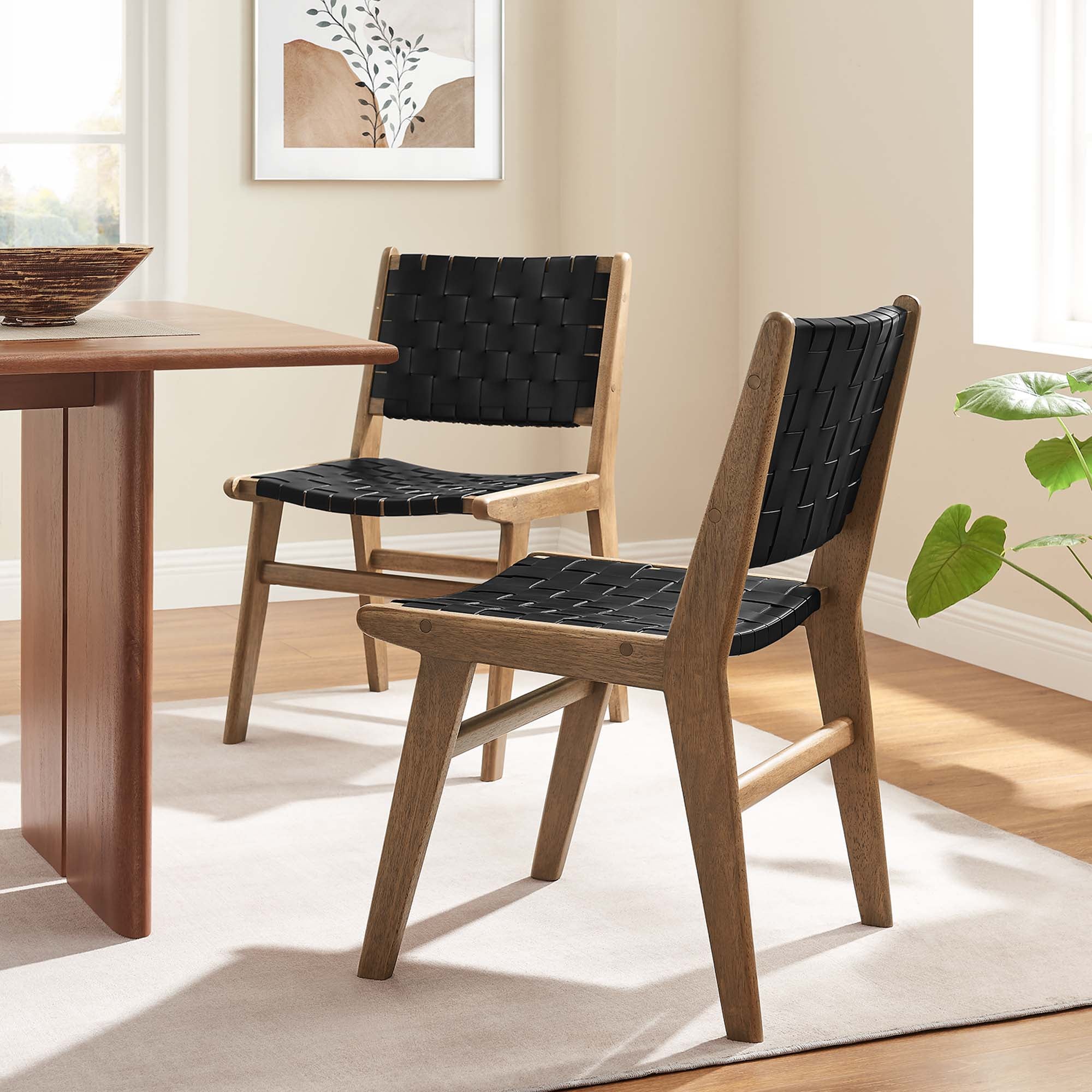 Saoirse Leather Wood Dining Side Chair Set of 2, Walnut Black