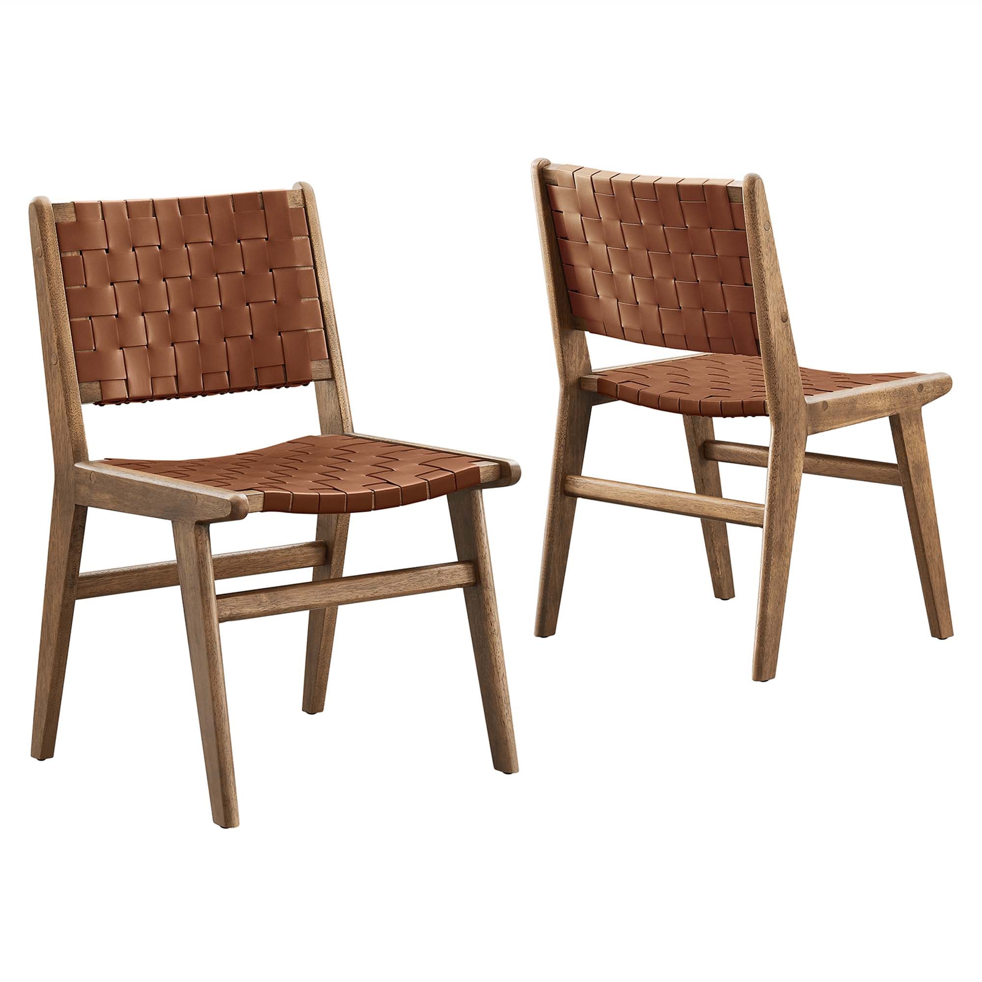 Saoirse Leather Wood Dining Side Chair Set of 2, Walnut Brown
