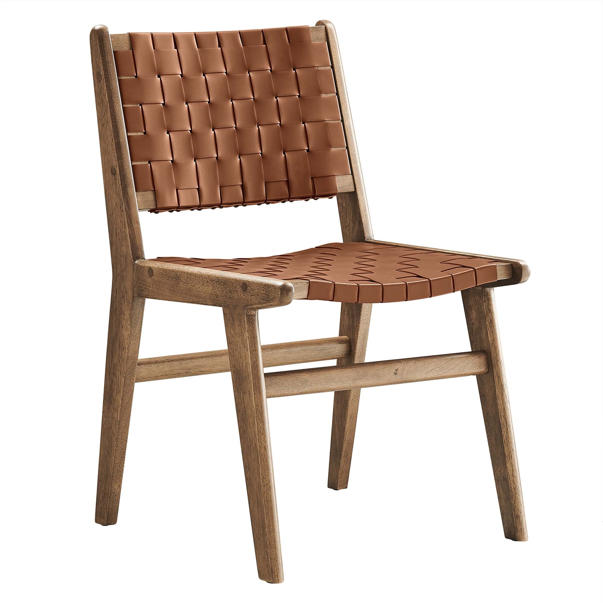 Saoirse Leather Wood Dining Side Chair Set of 2, Walnut Brown