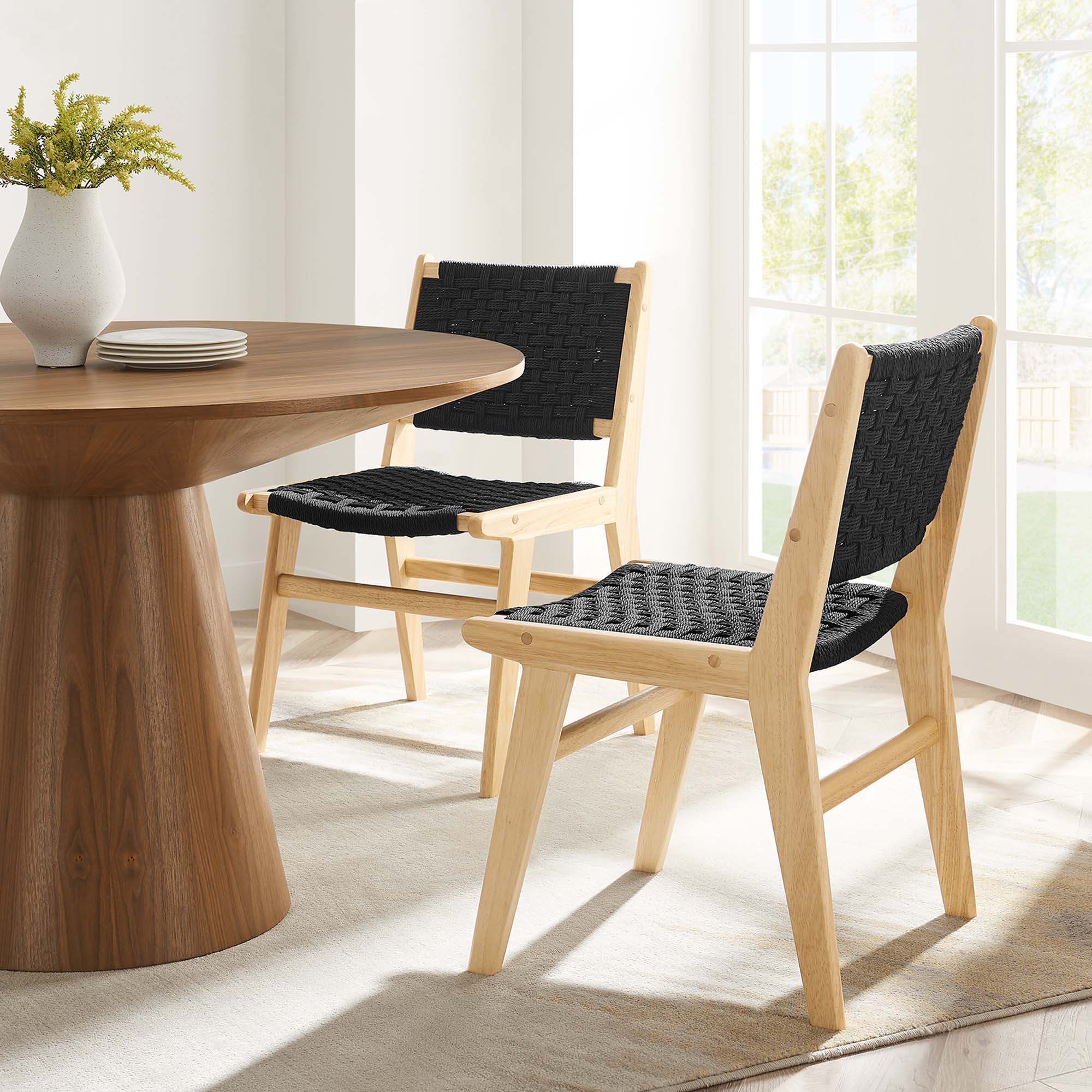 Saoirse Woven Rope Wood Dining Side Chair Set of 2, Natural Black
