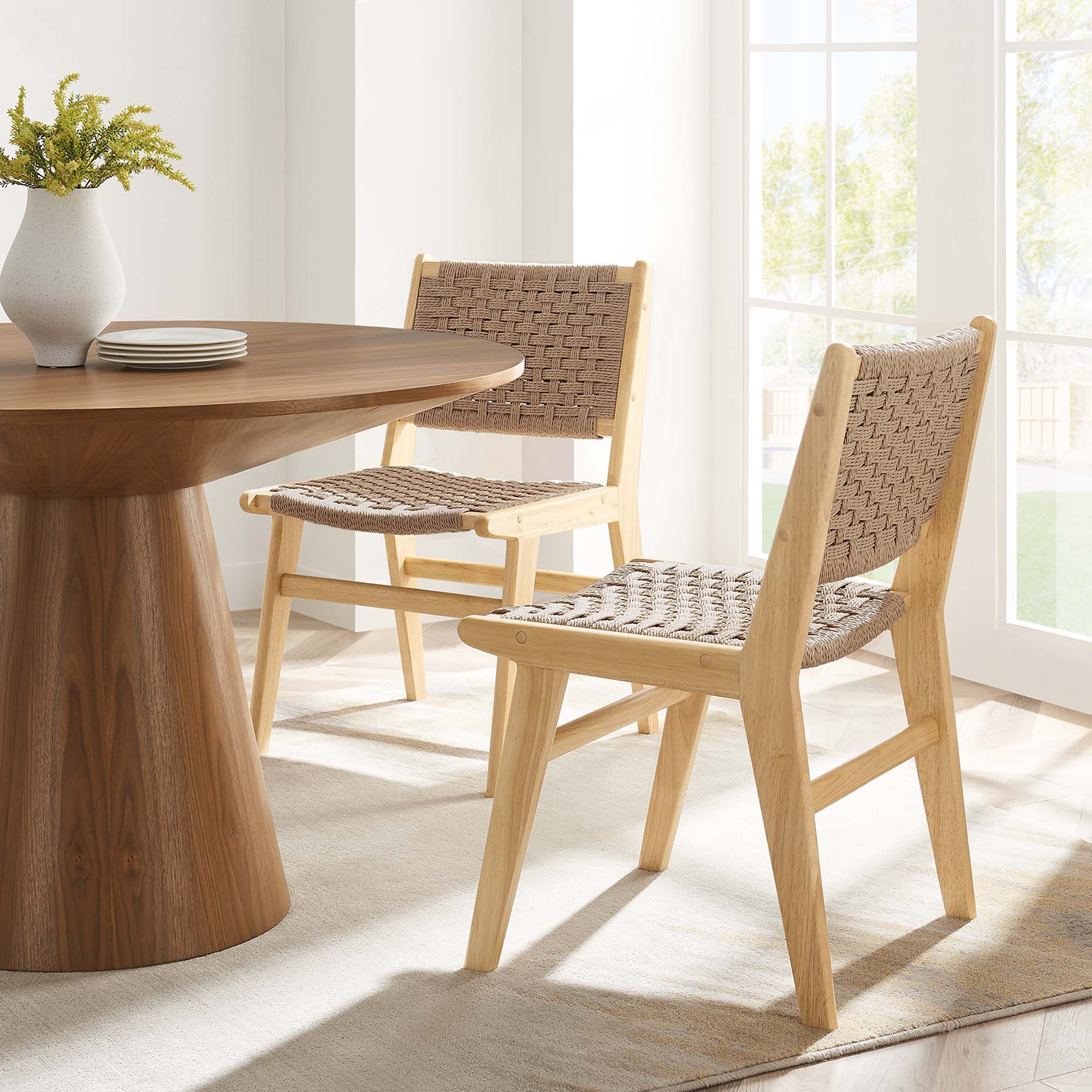 Saoirse Woven Rope Wood Dining Side Chair Set of 2, Natural Natural