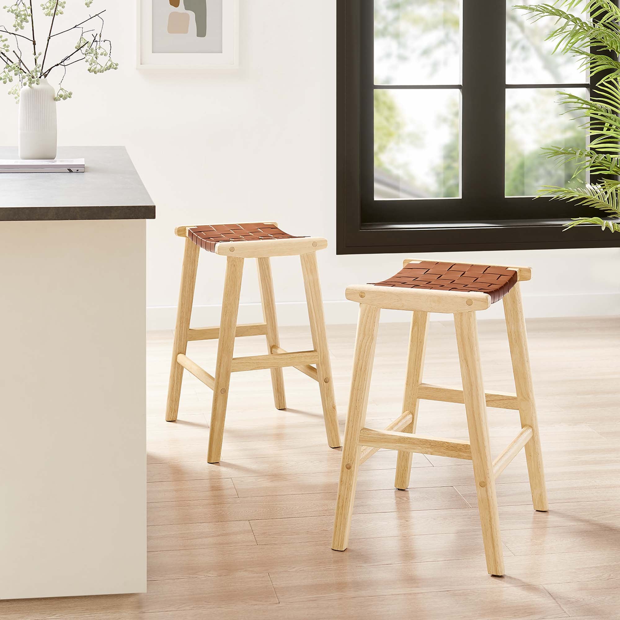 Saoirse Faux Leather Wood Counter Stool Set of 2, Natural Brown