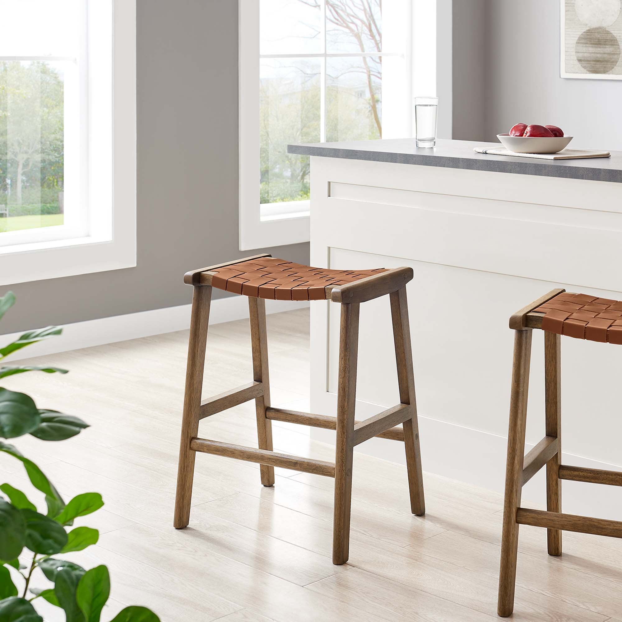 Saoirse Faux Leather Wood Counter Stool Set of 2, Walnut Brown