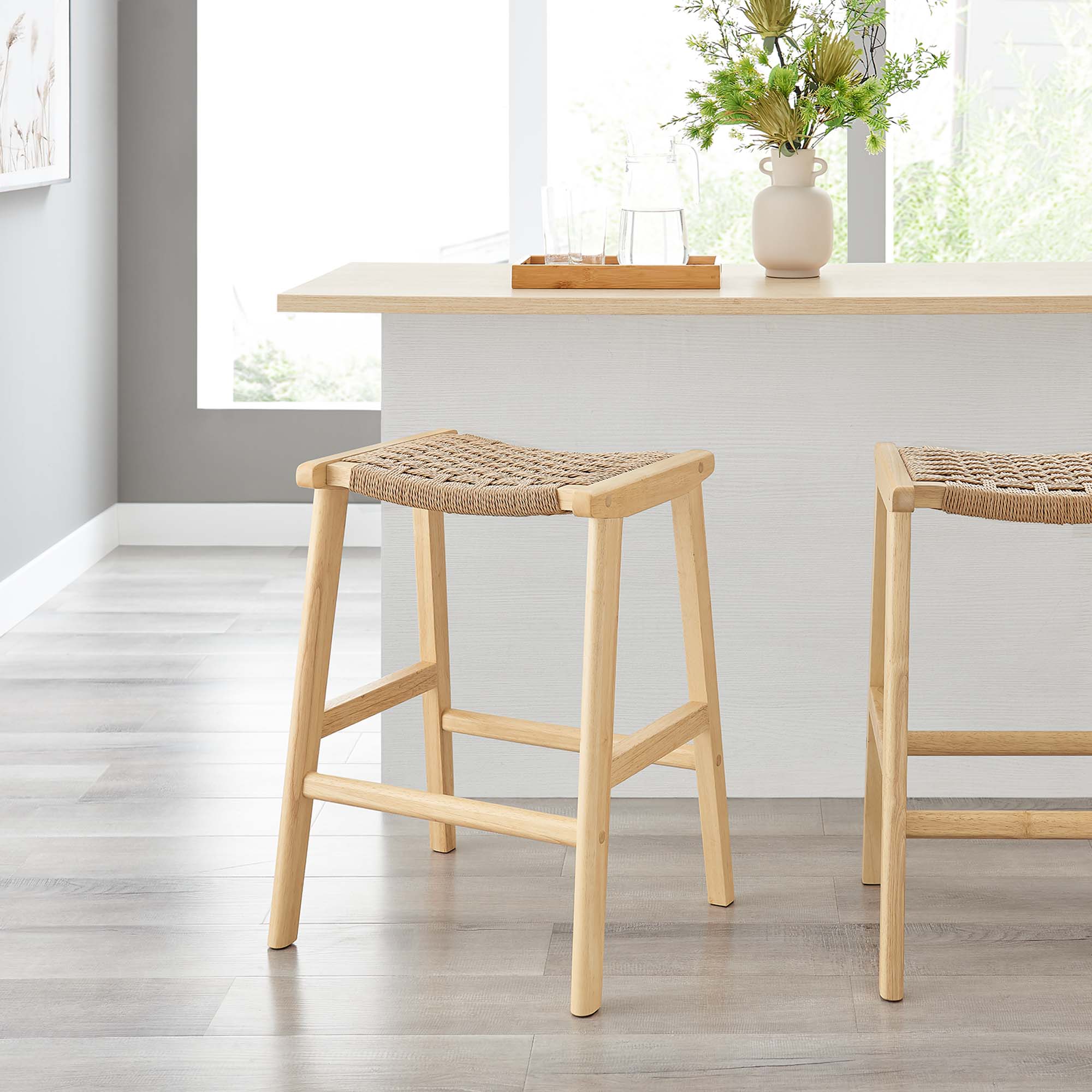 Saoirse Woven Rope Wood Counter Stool Set of 2, Natural Natural