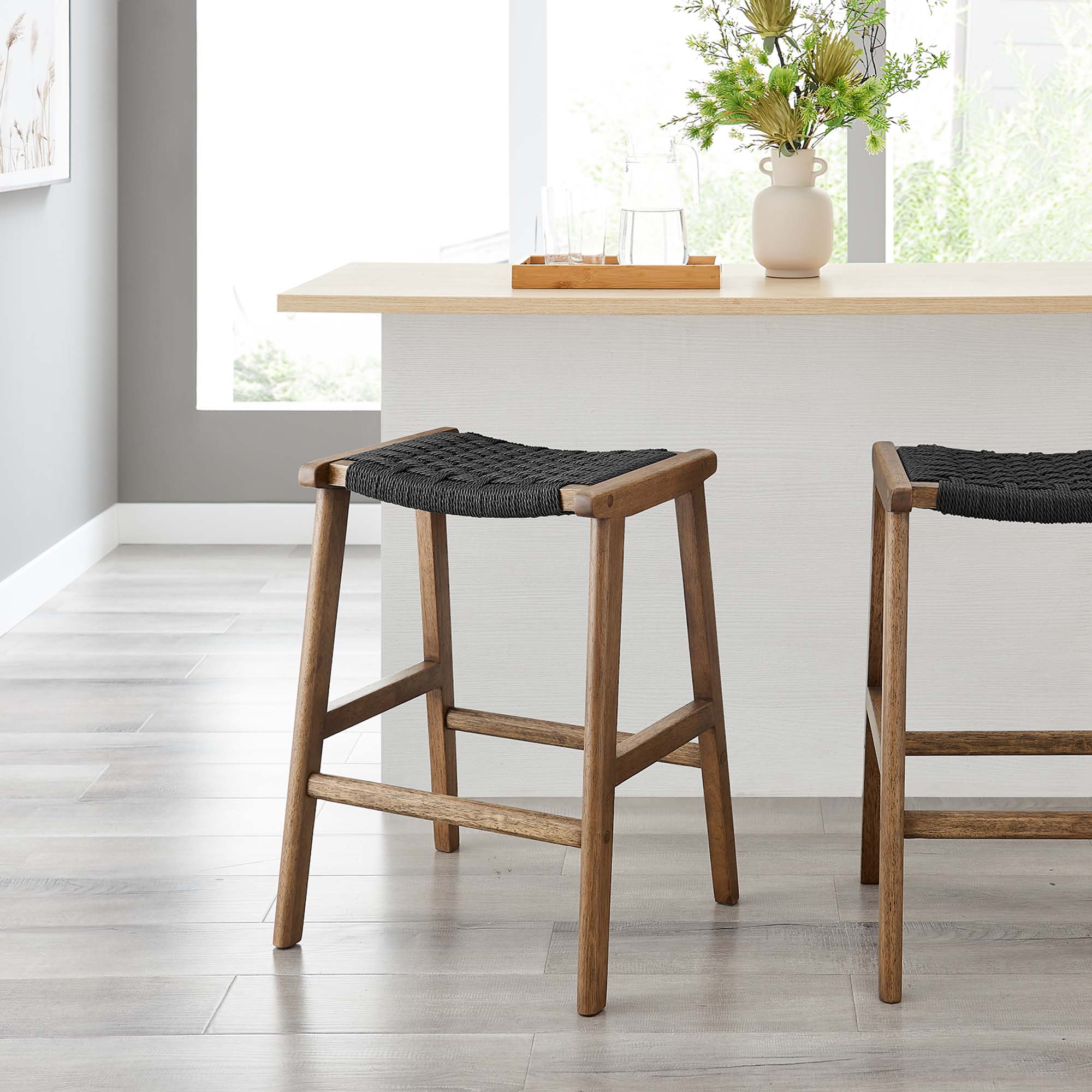 Saoirse Woven Rope Wood Counter Stool Set of 2, Walnut Black