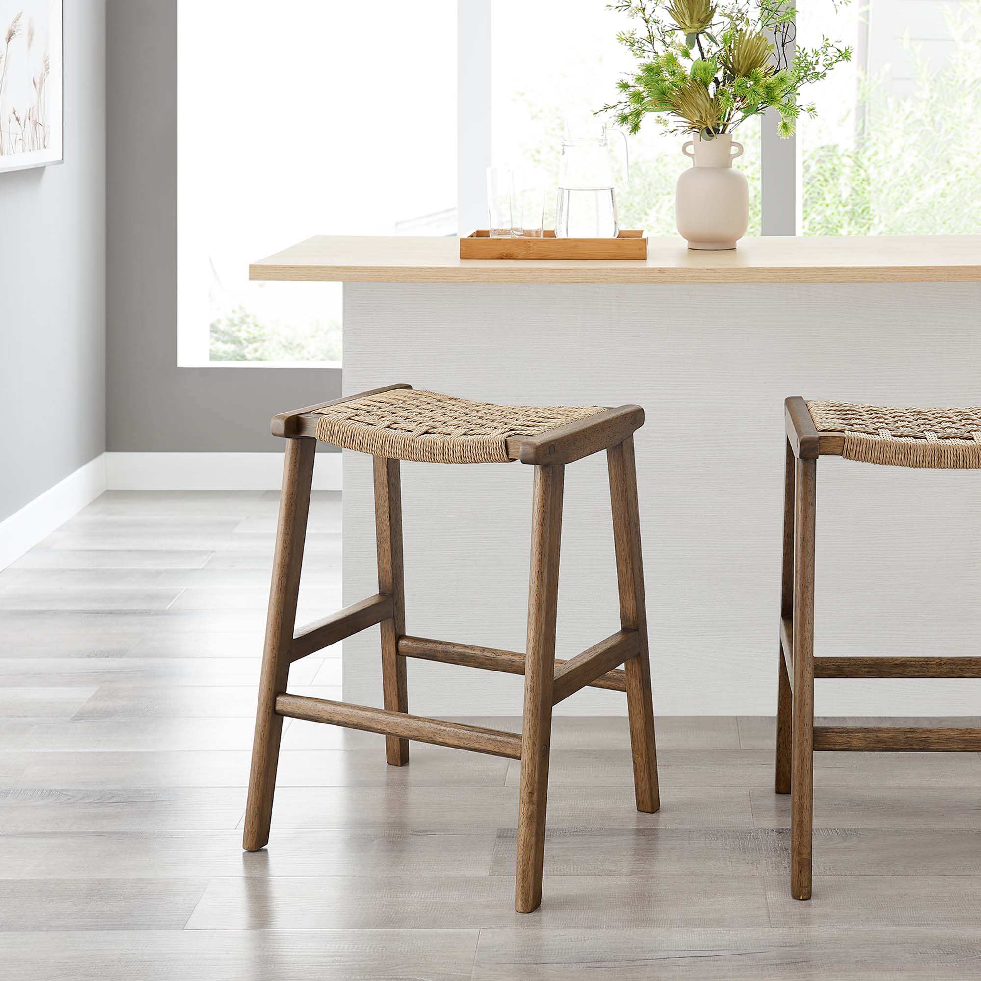 Saoirse Woven Rope Wood Counter Stool Set of 2, Walnut Natural