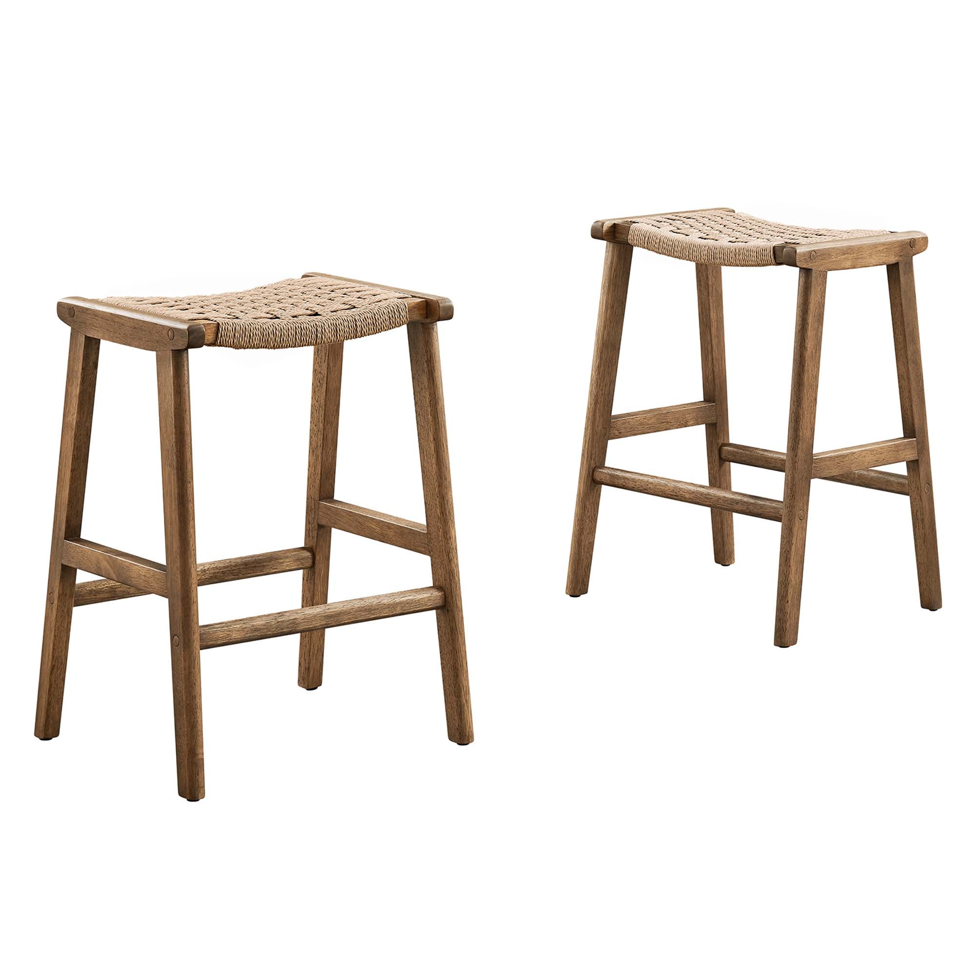 Saoirse Woven Rope Wood Counter Stool Set of 2, Walnut Natural