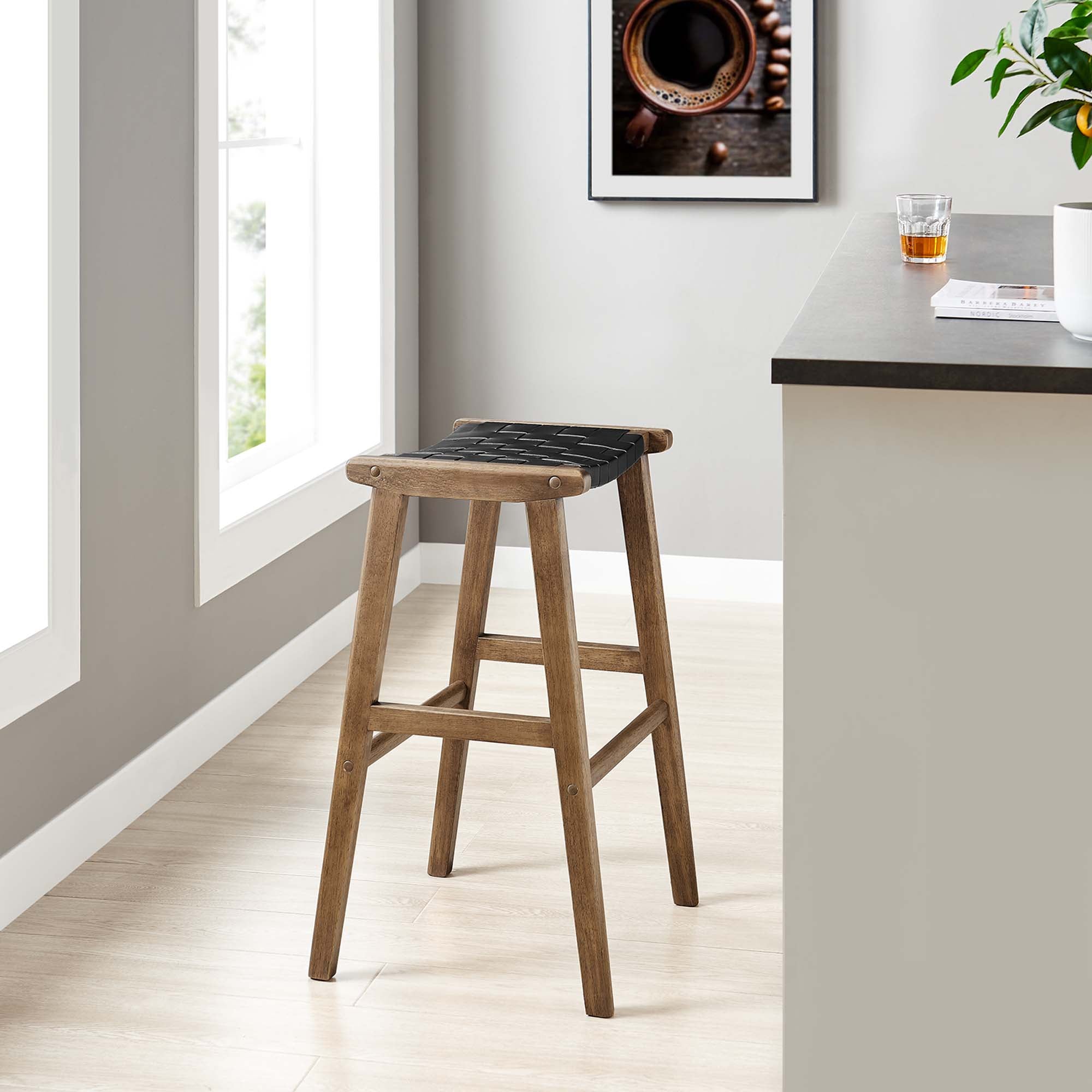 Saoirse Leather Wood Bar Stool Set of 2, Walnut Black