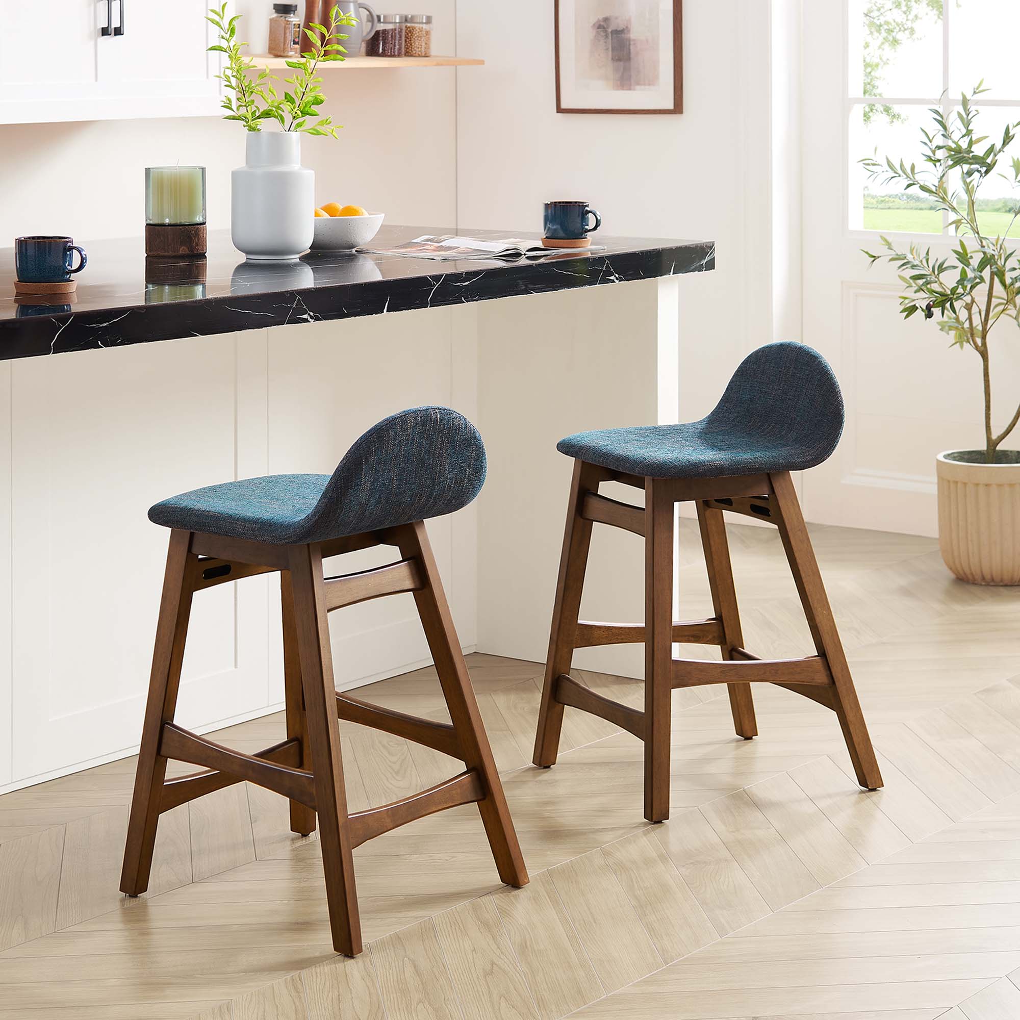 Juno Wood Counter Stool Set of 2, Navy Fabric
