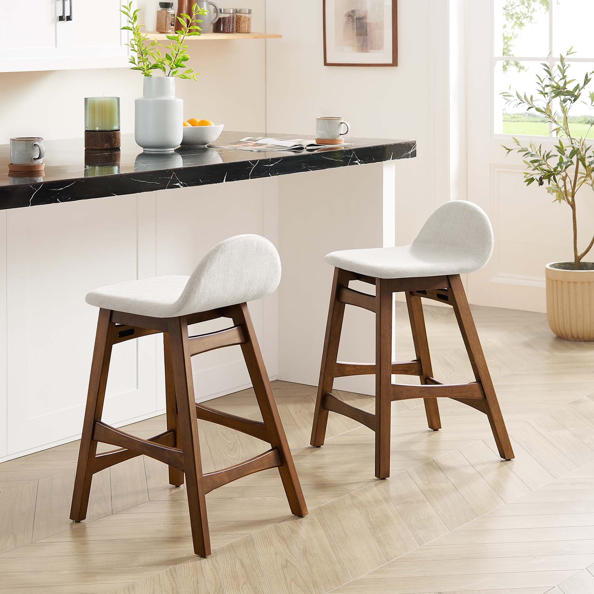 Juno Wood Counter Stool Set of 2, Ivory Fabric
