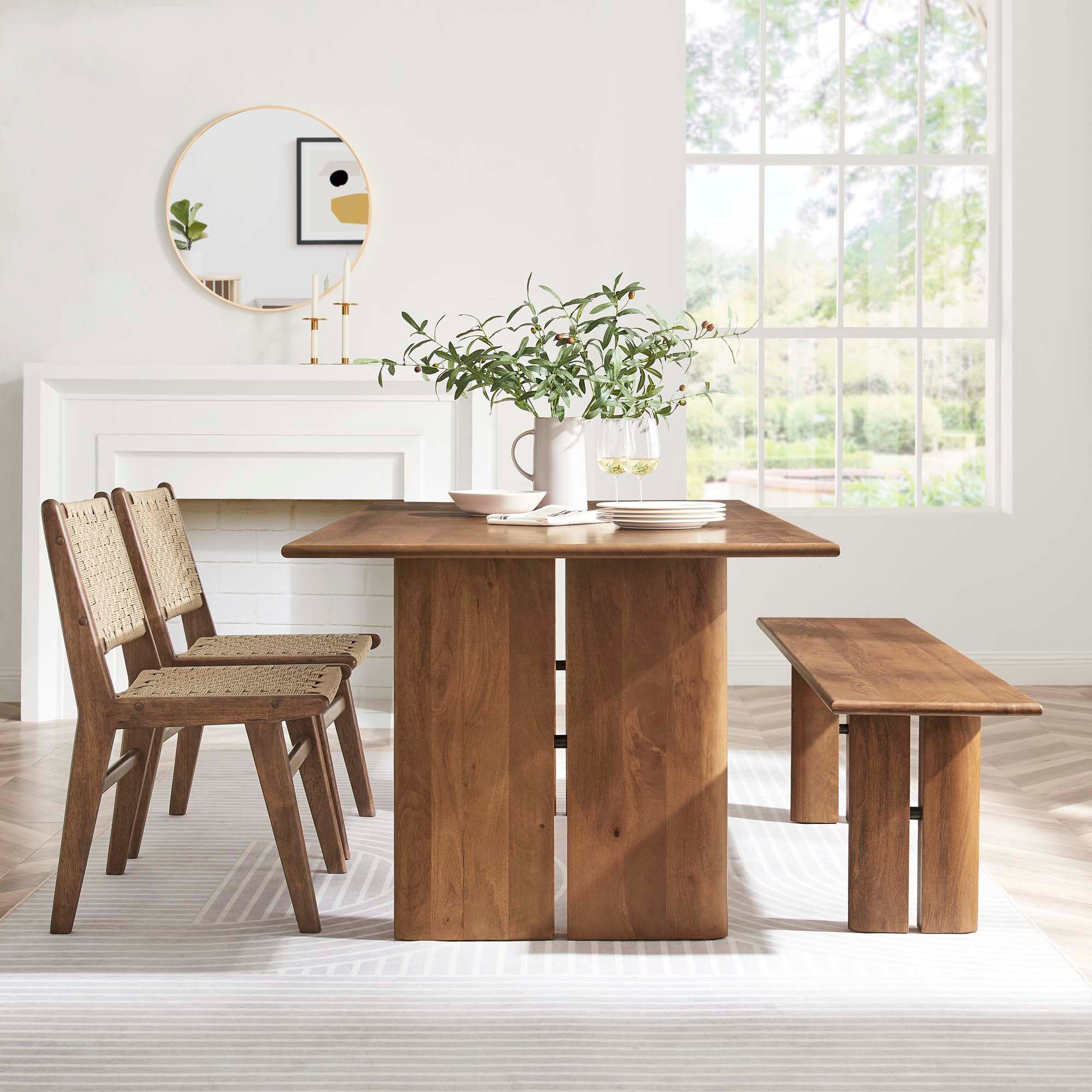 Amistad 72" Wood Dining Table and Bench Set, Walnut