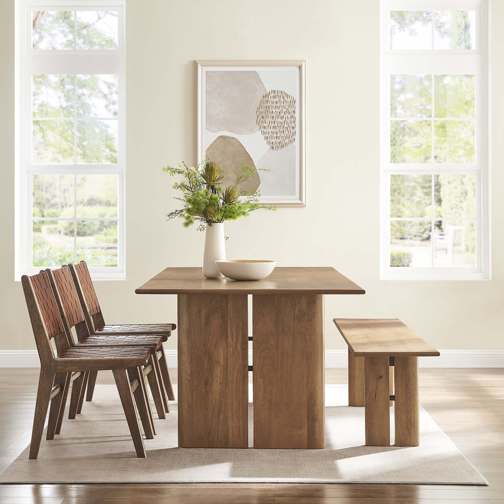 Amistad 86" Wood Dining Table and Bench Set, Walnut