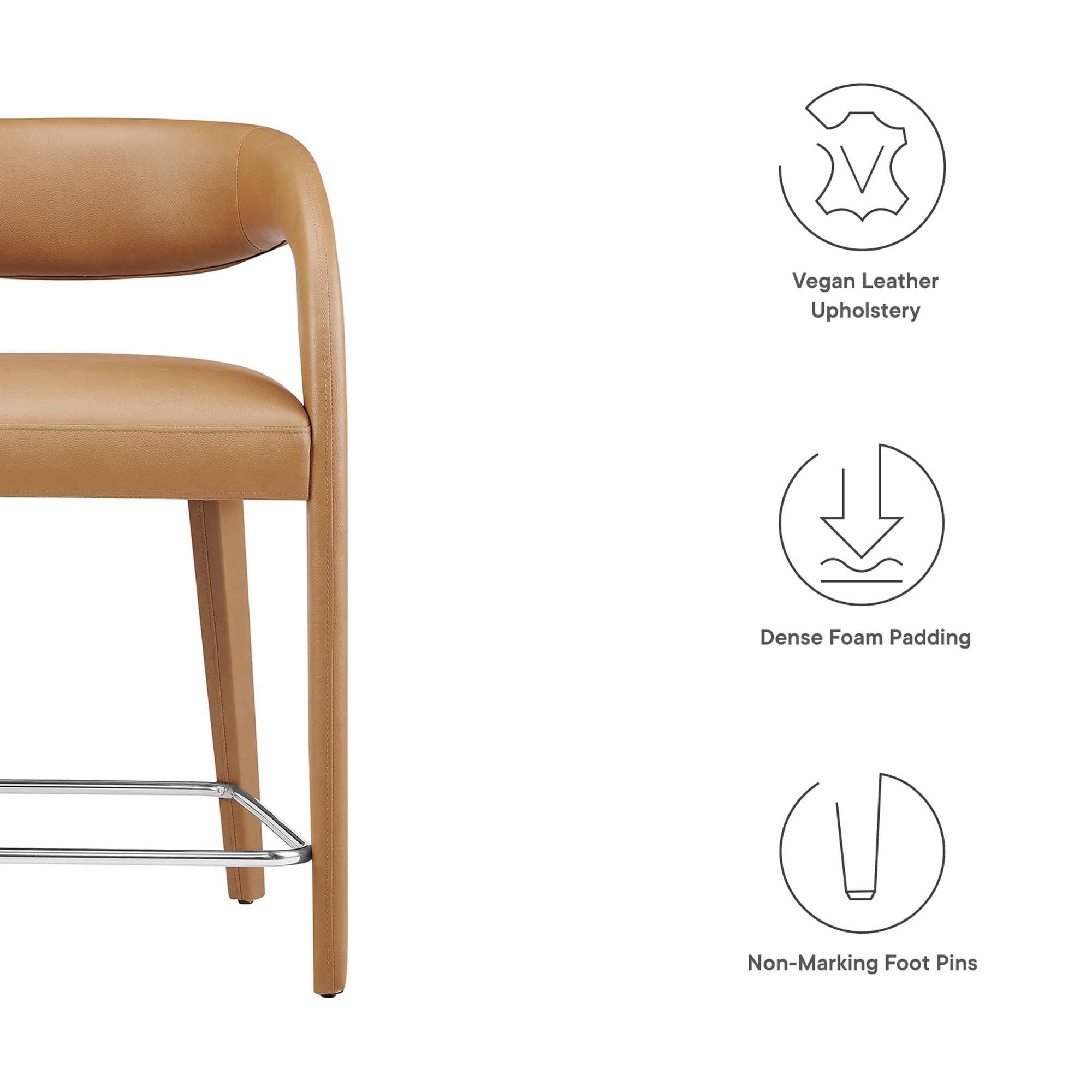 Pinnacle Vegan Leather Counter Stool Set of 2, Tan Silver