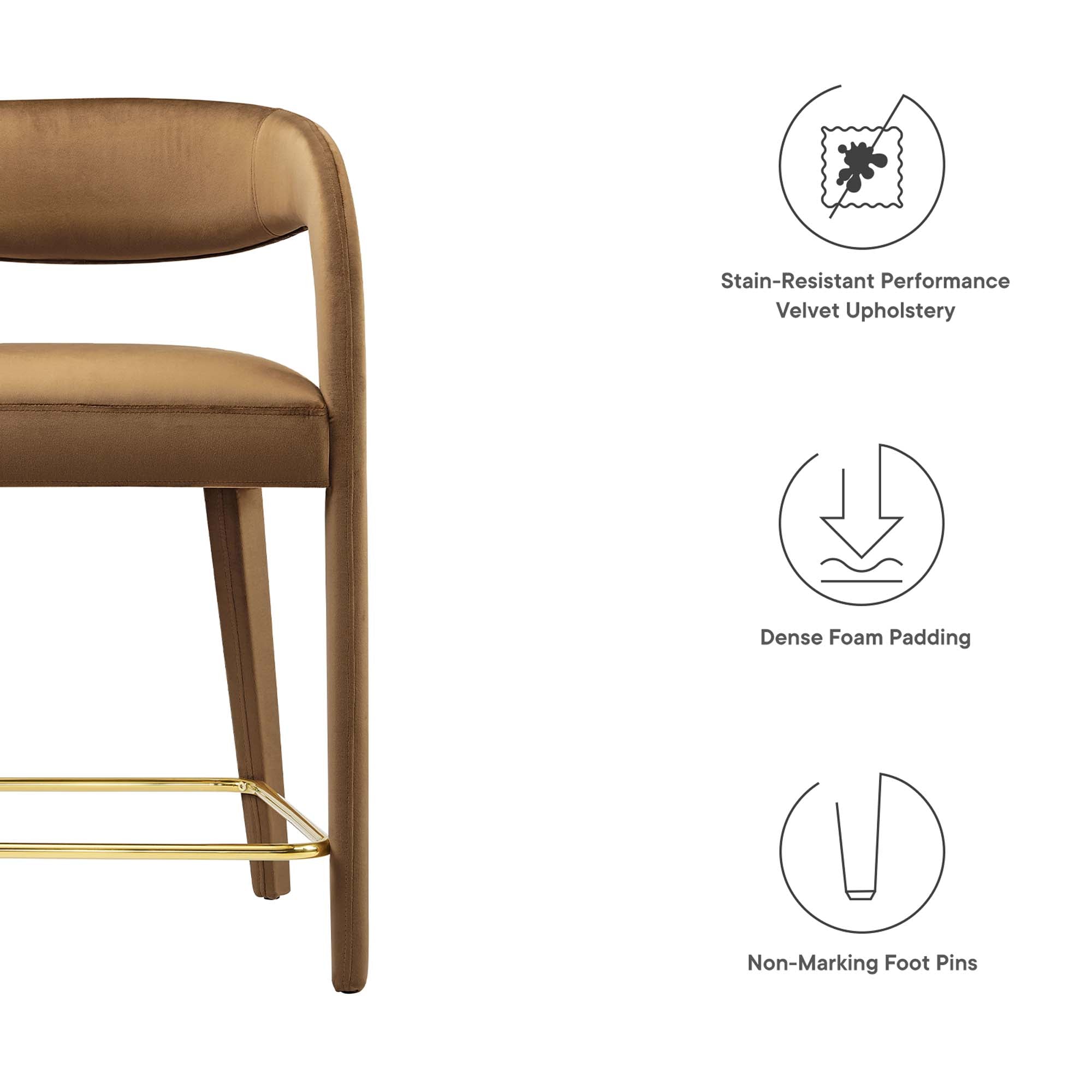 Pinnacle Performance Velvet Counter Stool Set of 2, Brown Gold